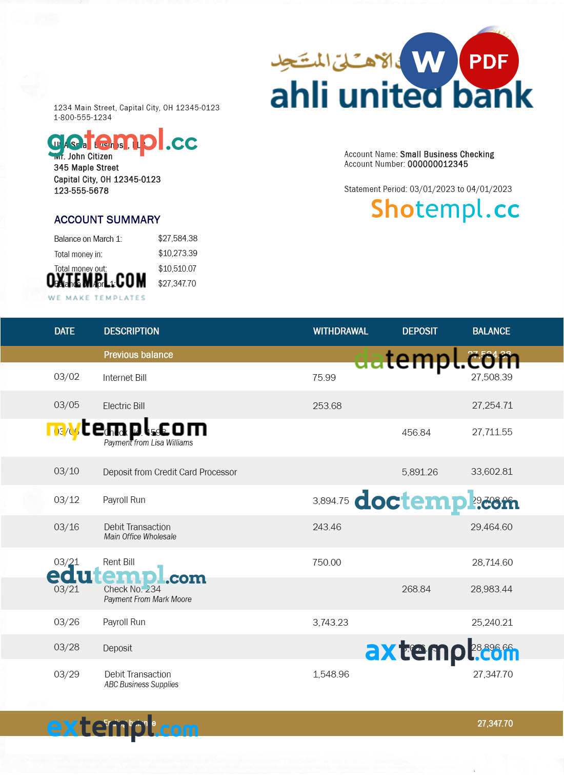 editable template, Ahli United Bank firm account statement Word and PDF template
