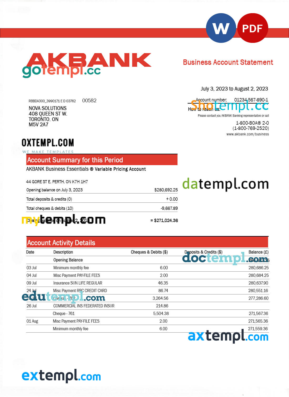 editable template, Akbank enterprise account statement Word and PDF template