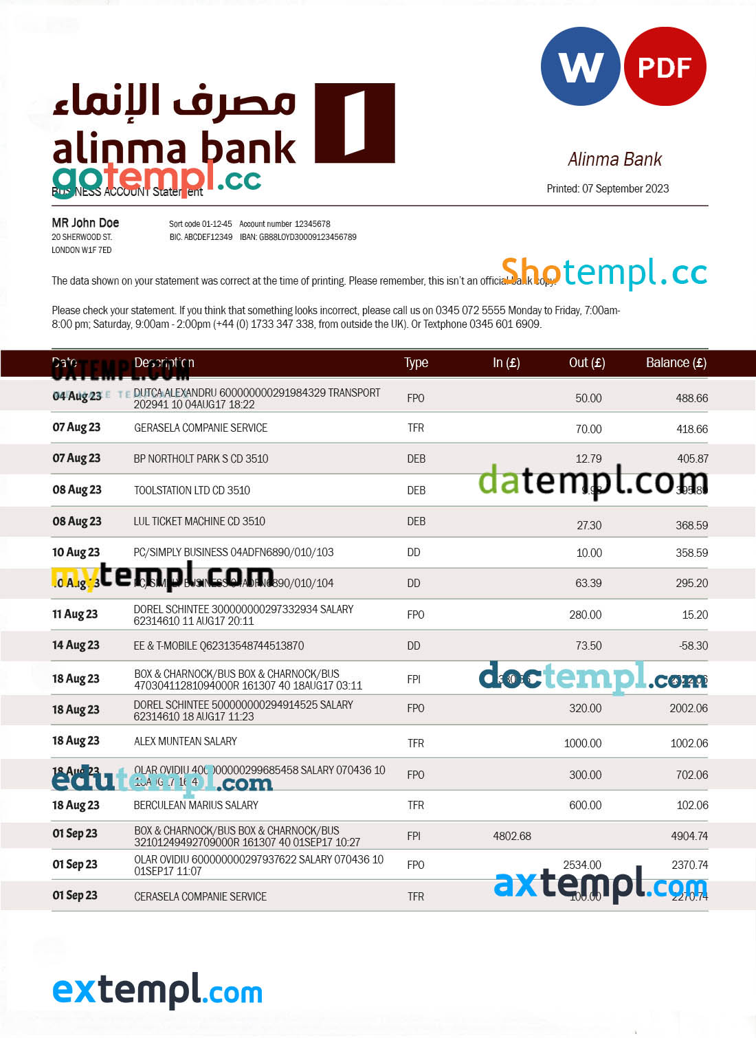 editable template, ALINMA Bank company statement Word and PDF template