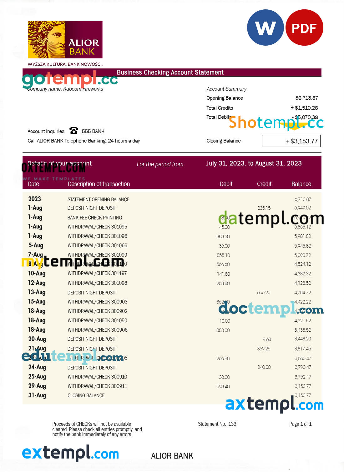 editable template, Alior Bank company checking account statement Word and PDF template