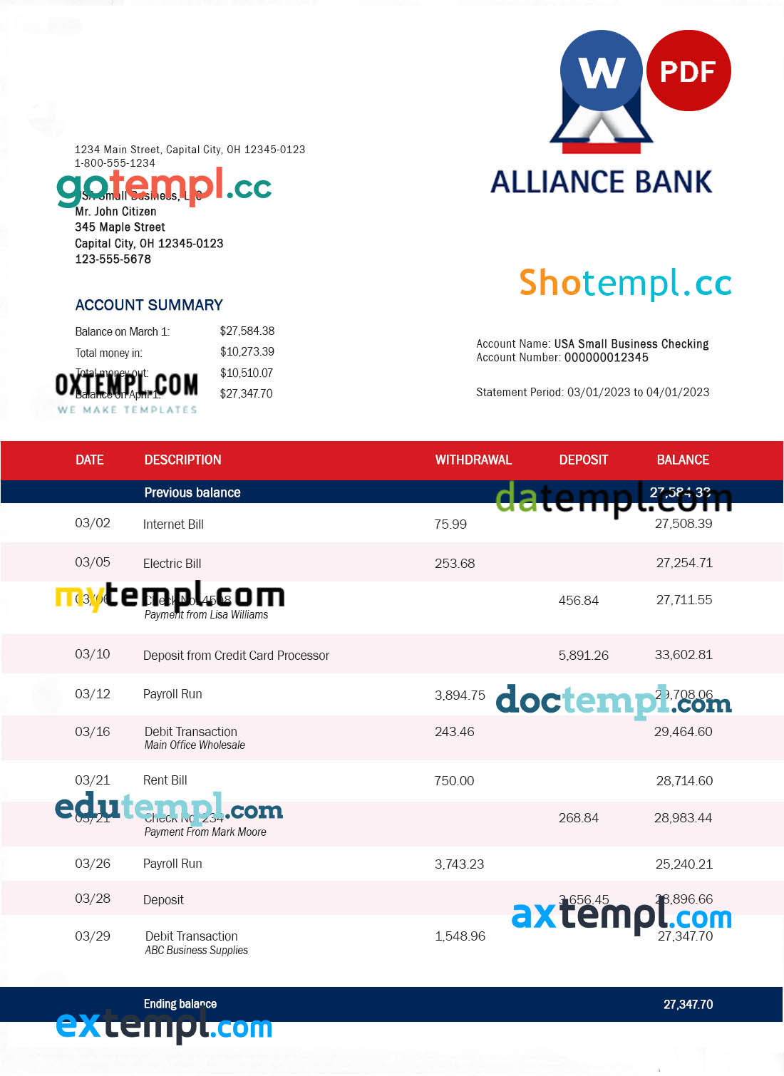 editable template, Alliance Bank enterprise account statement Word and PDF template