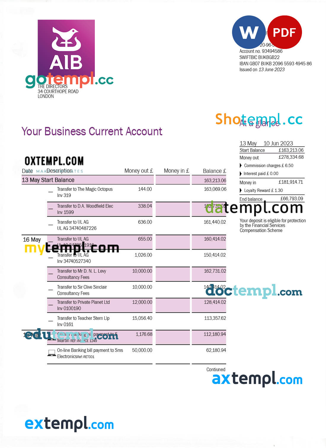 editable template, ALLIED Irish Banks (AIB) enterprise statement Word and PDF template