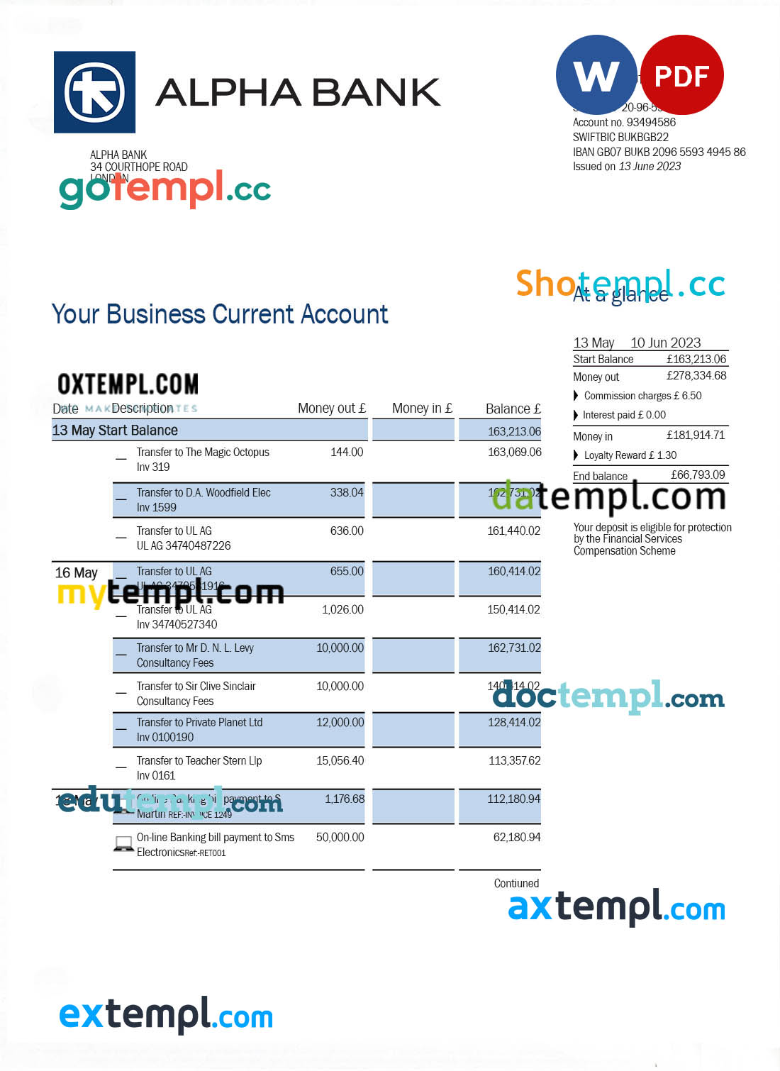editable template, Alpha Bank company checking account statement Word and PDF template