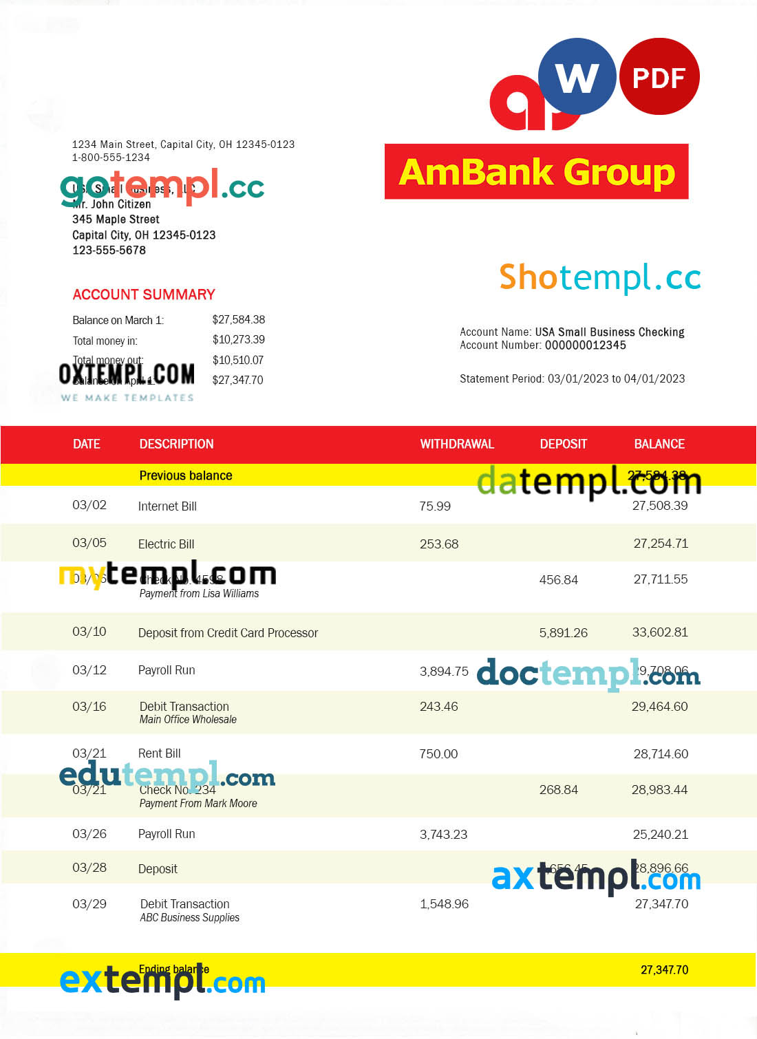 editable template, Ambank enterprise account statement Word and PDF template