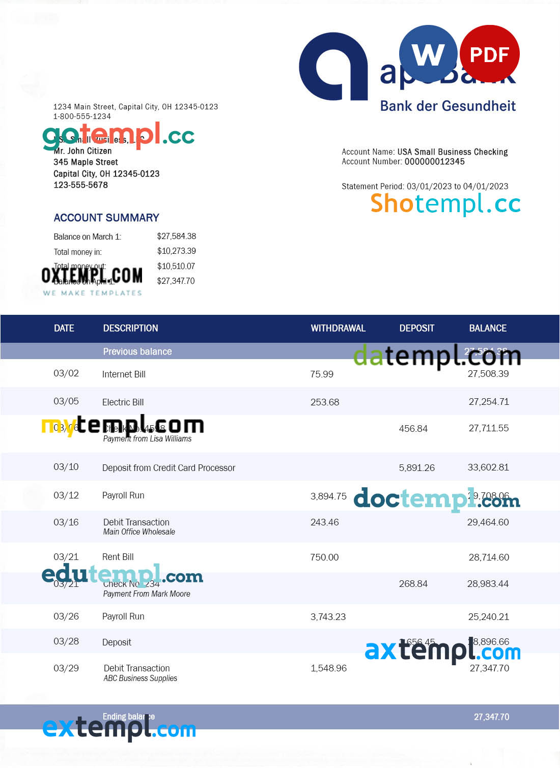 editable template, Apobank enterprise account statement Word and PDF template