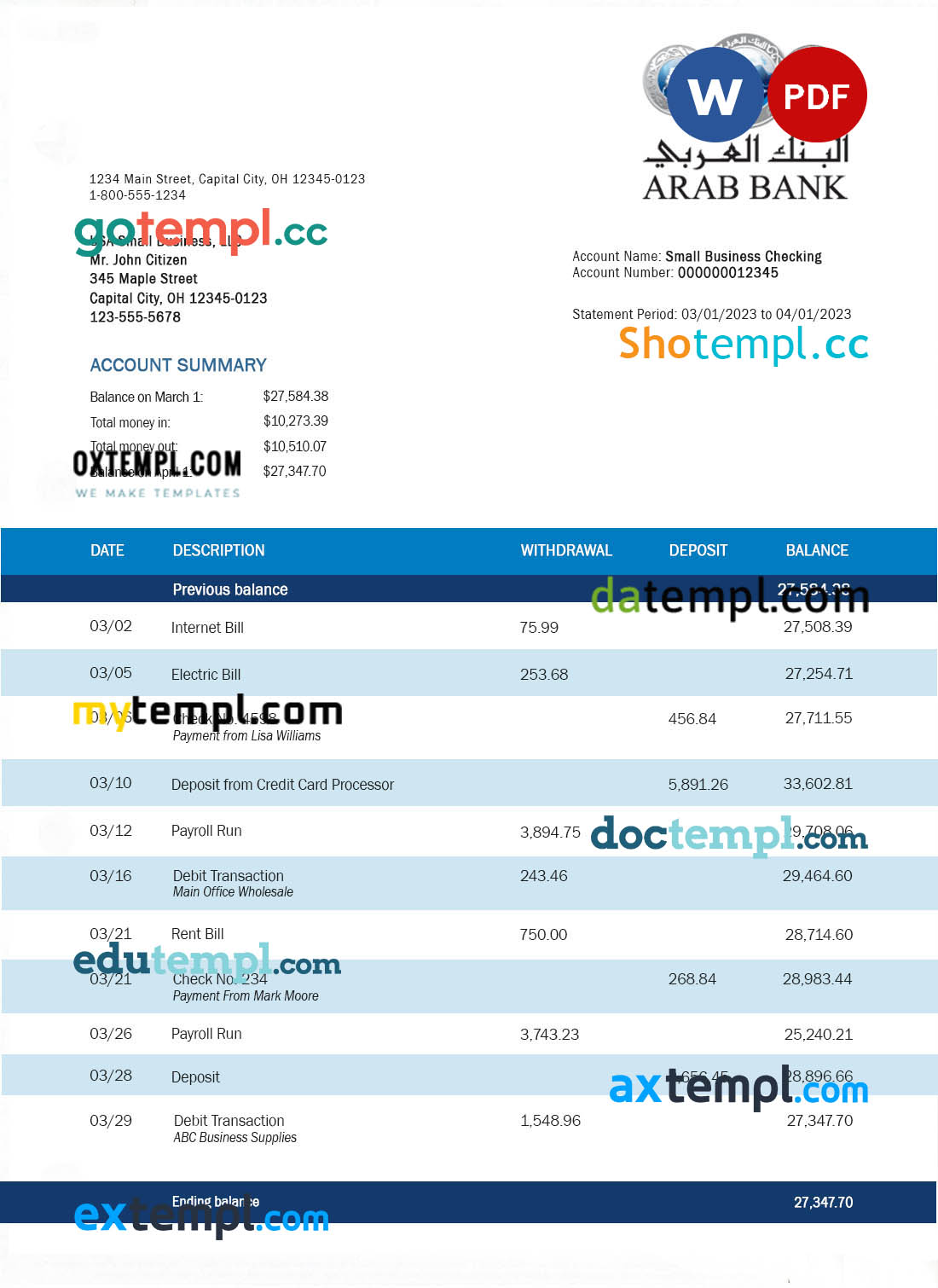 editable template, Arab Bank organization checking account statement Word and PDF template