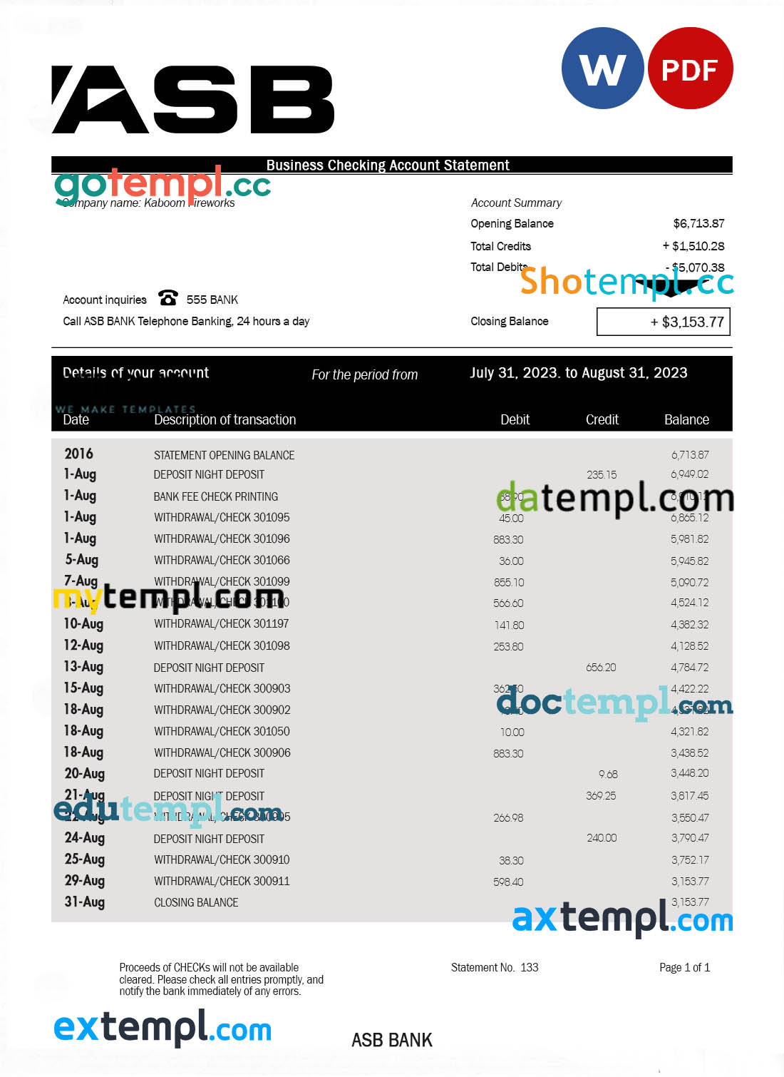 editable template, ASB Bank company statement Word and PDF template