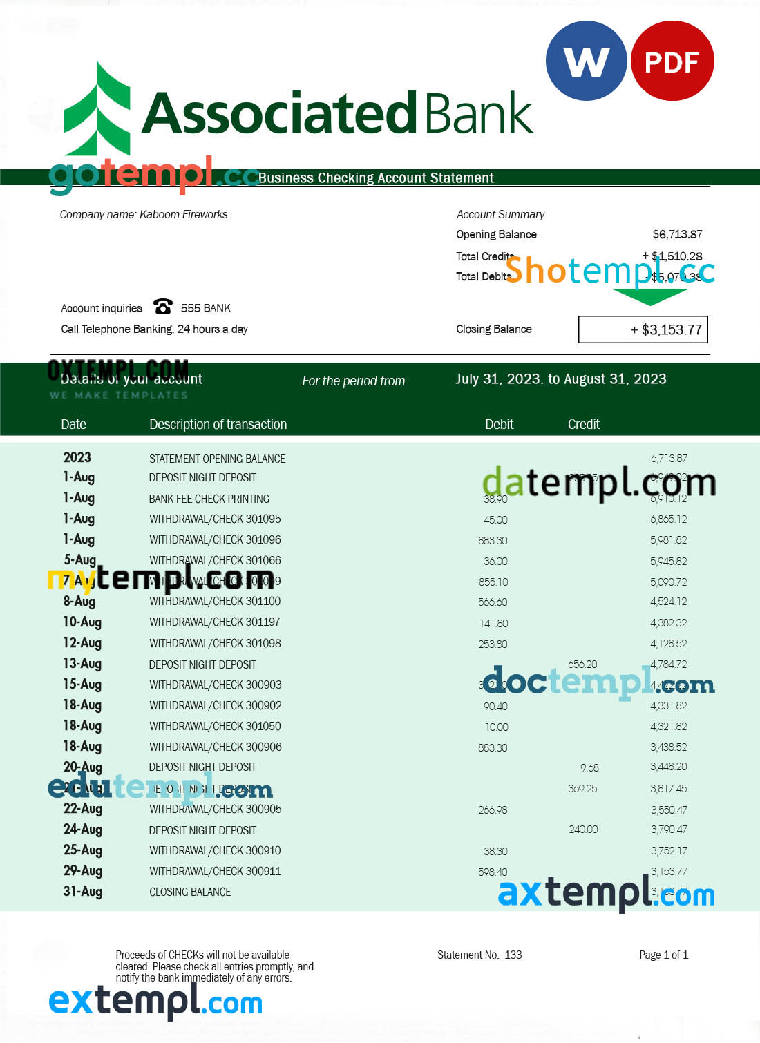 editable template, Associated Bank business statement Word and PDF template