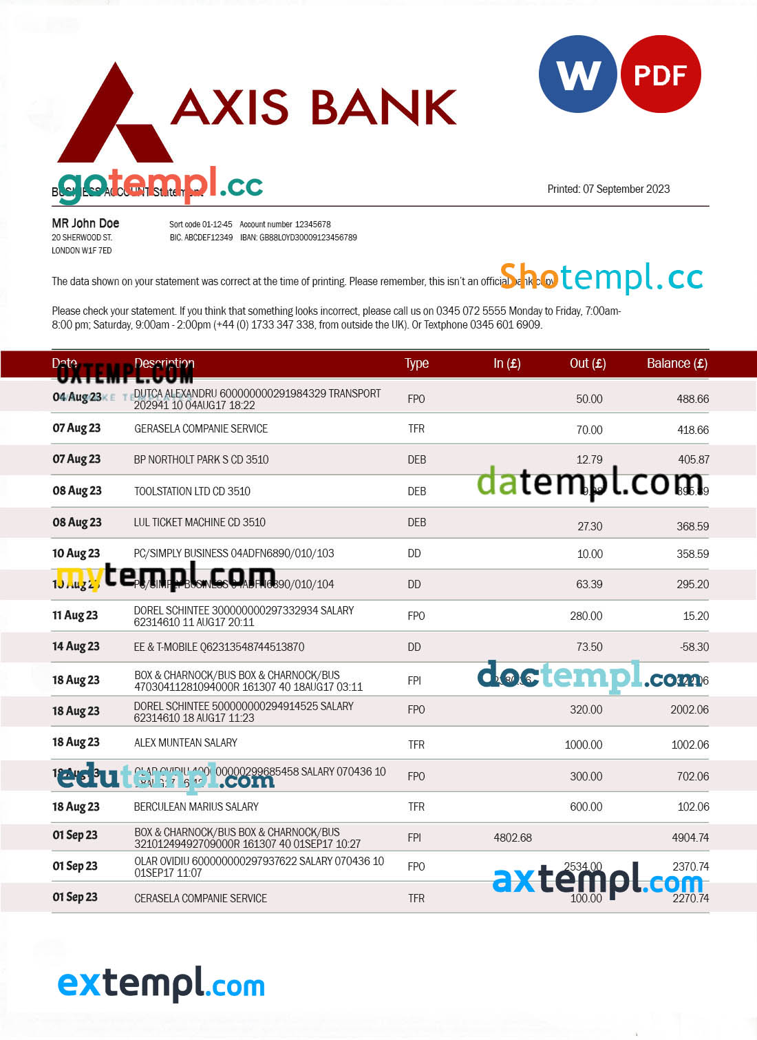 editable template, AXIS Bank enterprise statement Word and PDF template