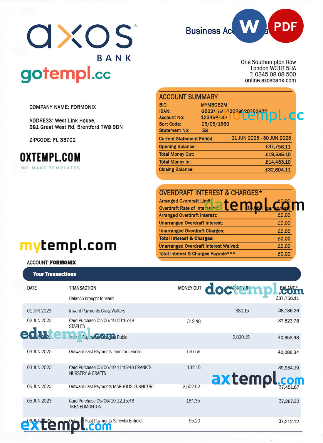 editable template, Axos Bank firm account statement Word and PDF template