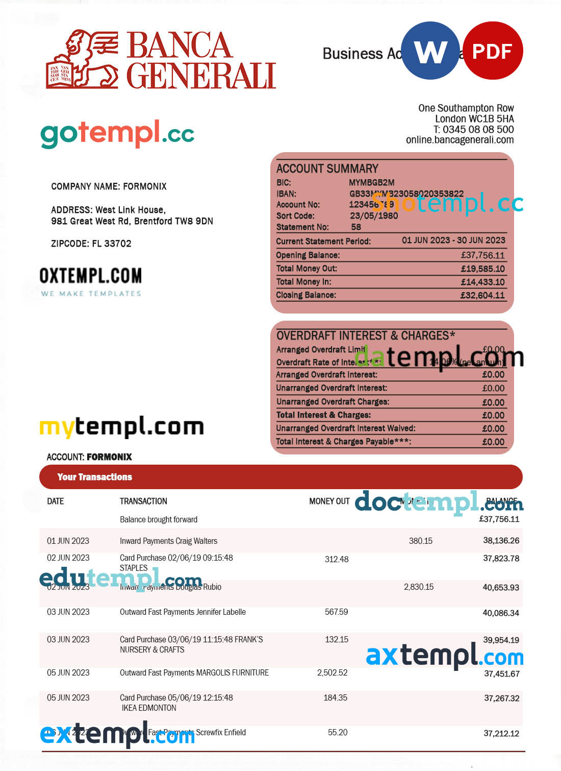 editable template, Banca Generali organization checking account statement Word and PDF template