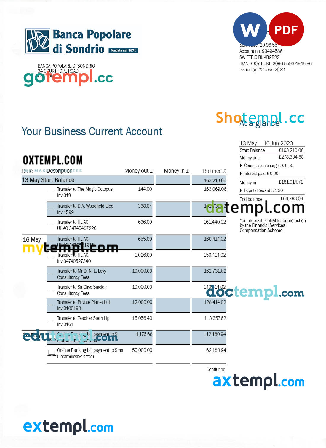 editable template, Banca Populaire di Sondrio Business Bank statement Word and PDF template
