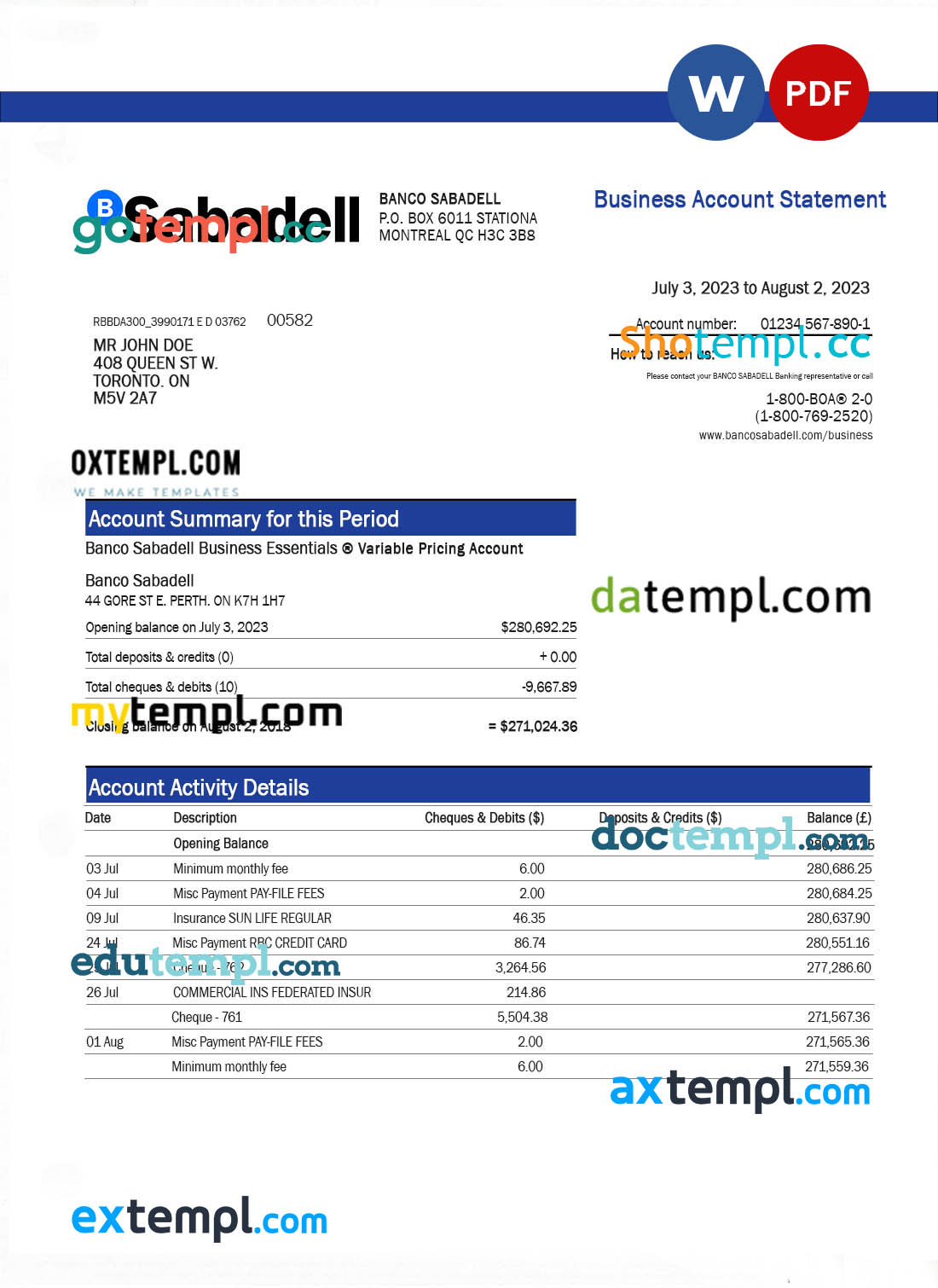 editable template, BANCO Sabadell firm statement Word and PDF template