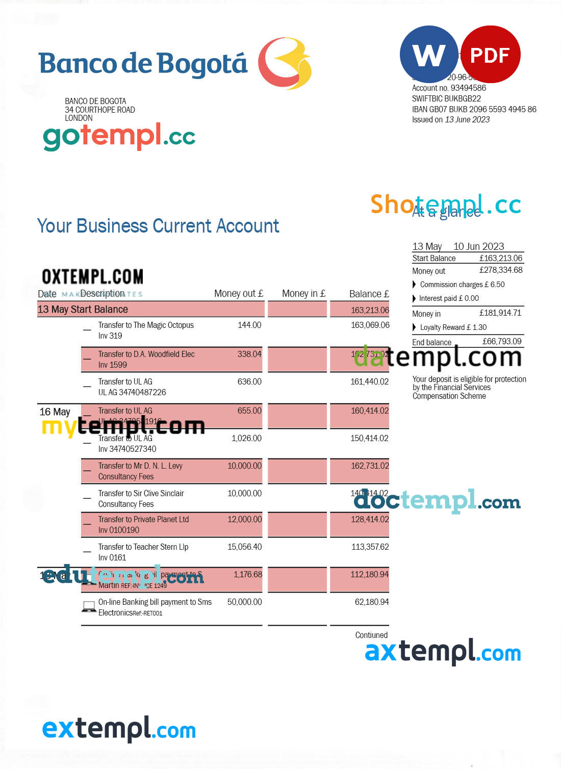 editable template, Banco de Bogotá enterprise account statement Word and PDF template