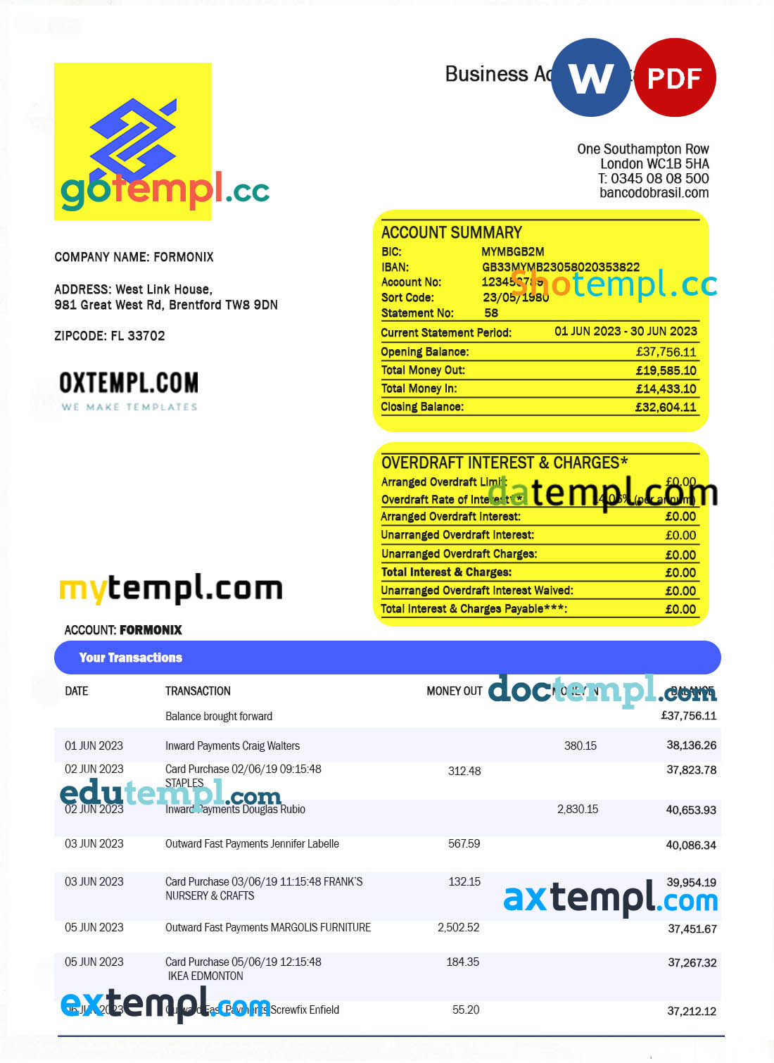 editable template, BANCO DO BRASIL bank organization account statement Word and PDF template