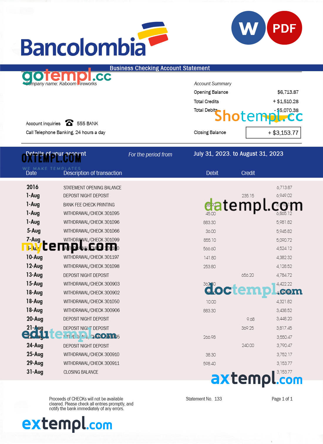 editable template, BANCOLOMBIA Bank firm statement Word and PDF template