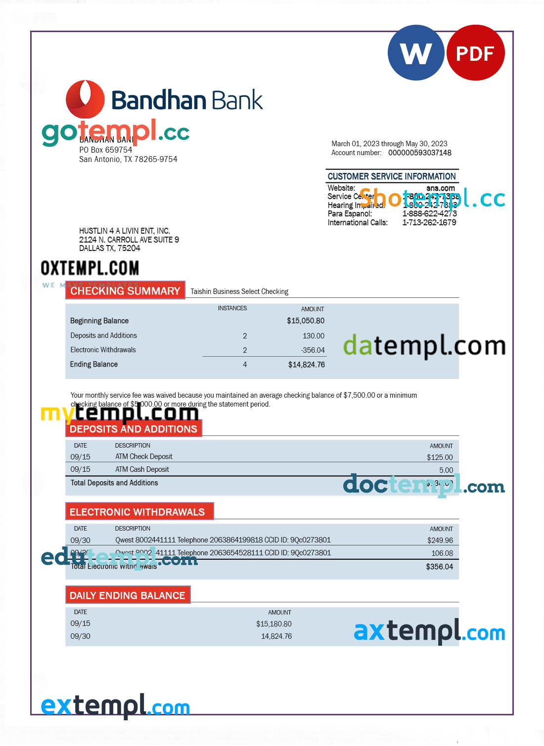 editable template, Bandhan Bank organization account statement Word and PDF template