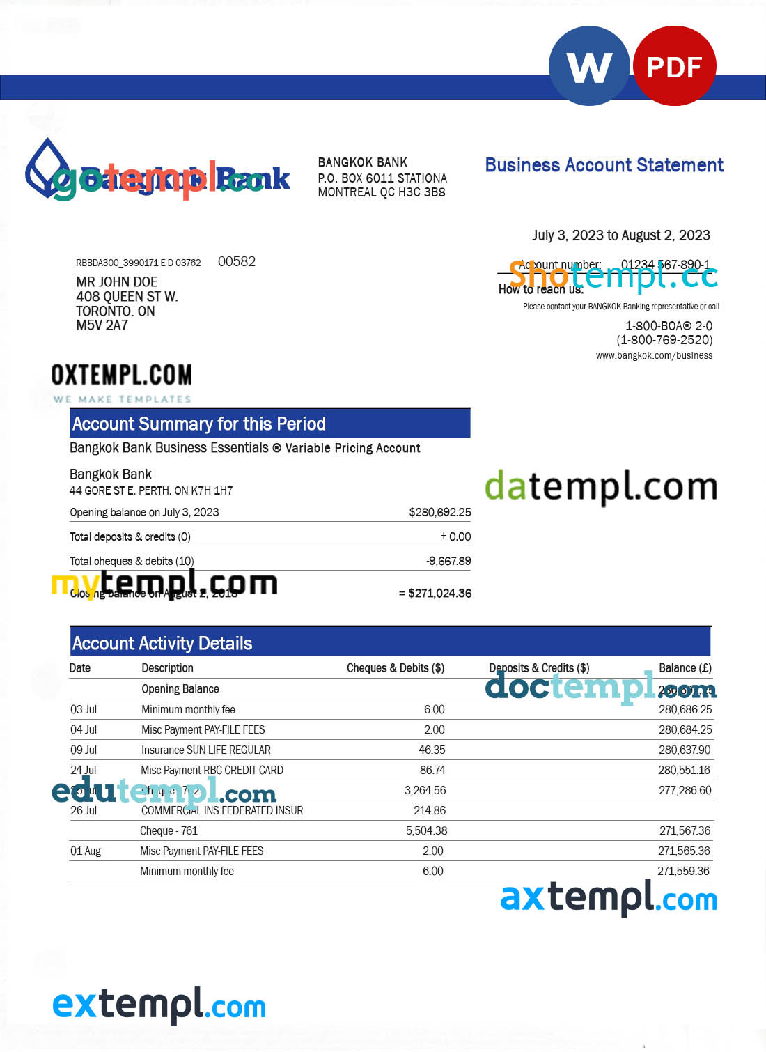 editable template, BANGKOK Bank corporate checking account statement Word and PDF template