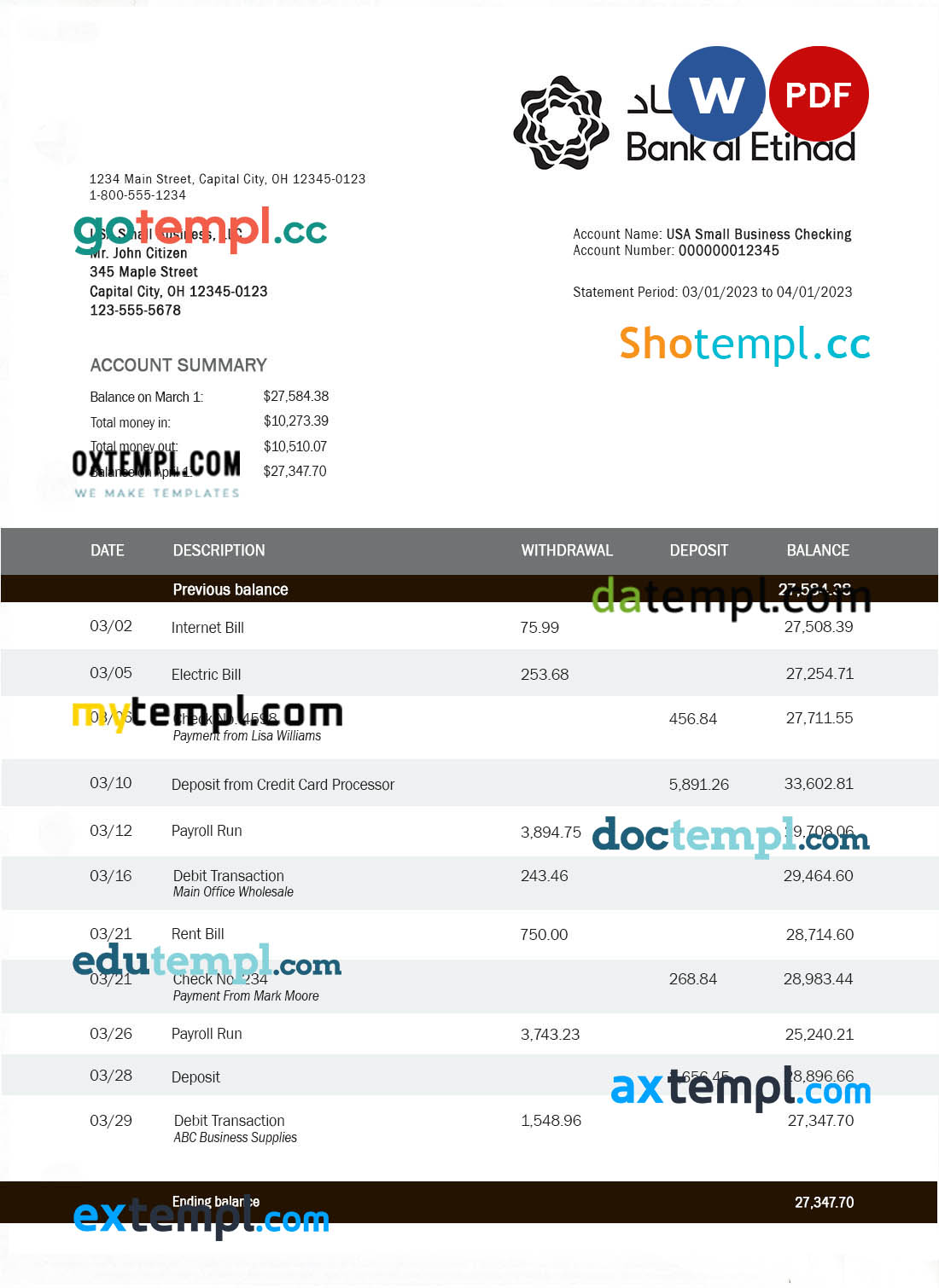 editable template, Bank Al Etihad firm account statement Word and PDF template