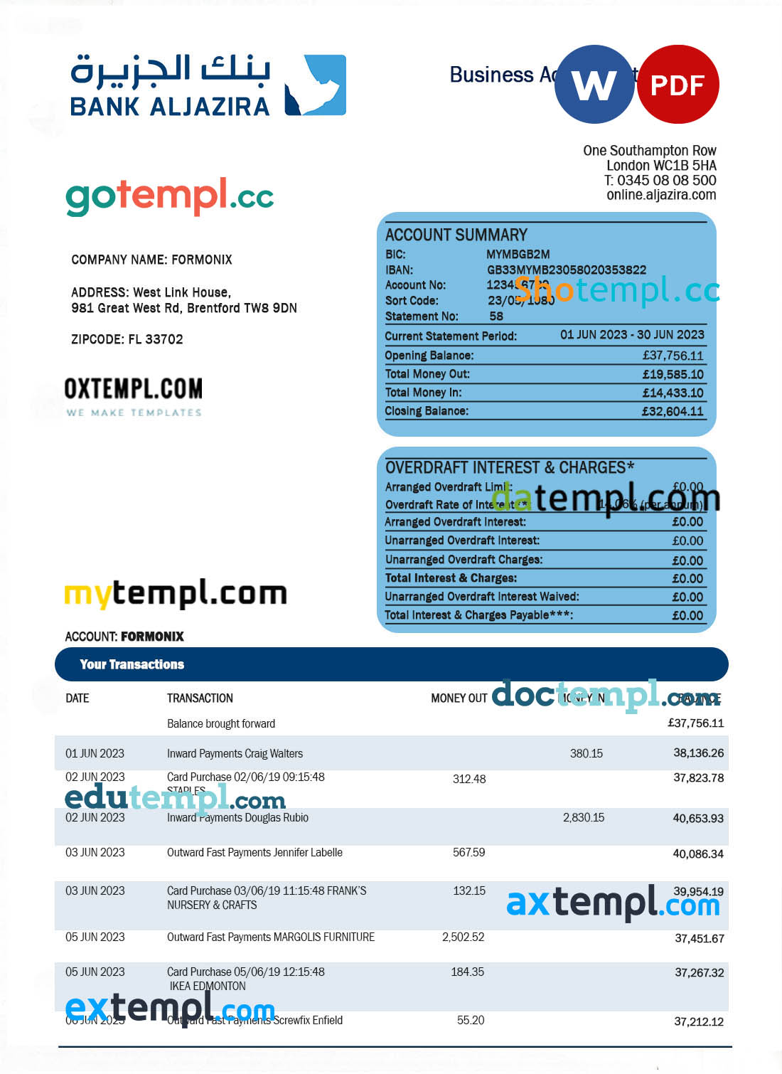 editable template, Bank AlJazira firm account statement Word and PDF template