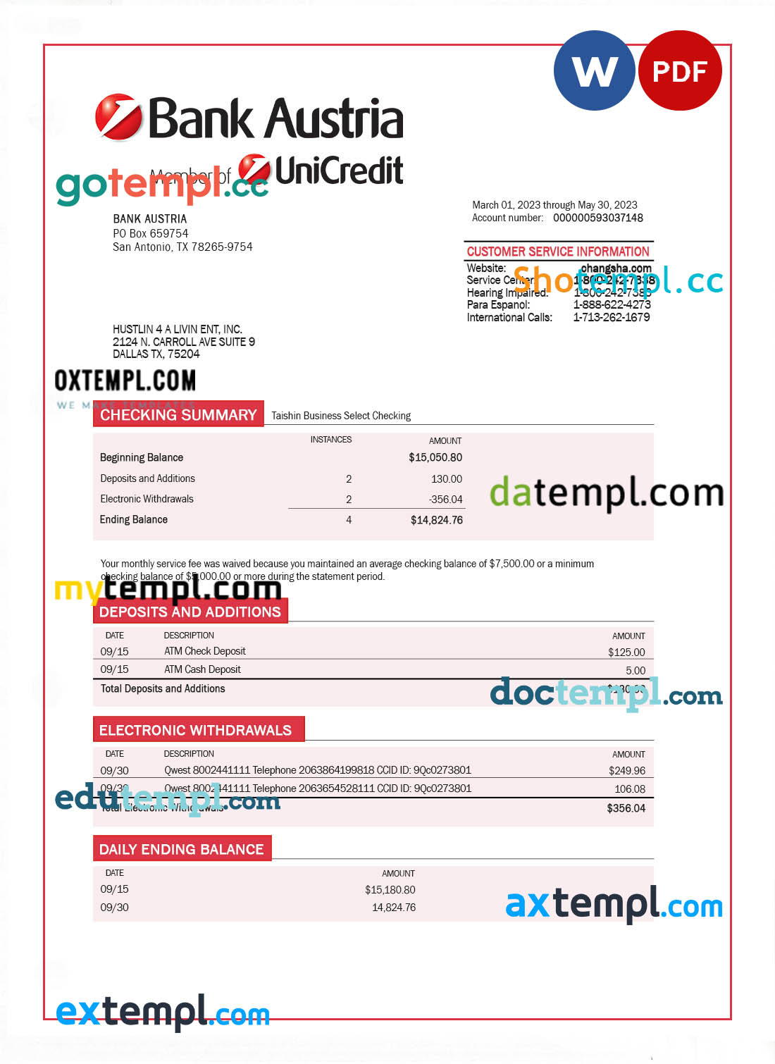 editable template, BANK Austria organization statement Word and PDF template