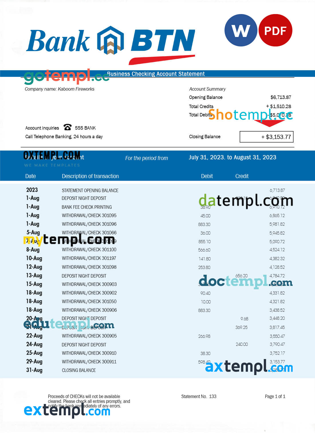 editable template, Bank Btn company account statement Word and PDF template