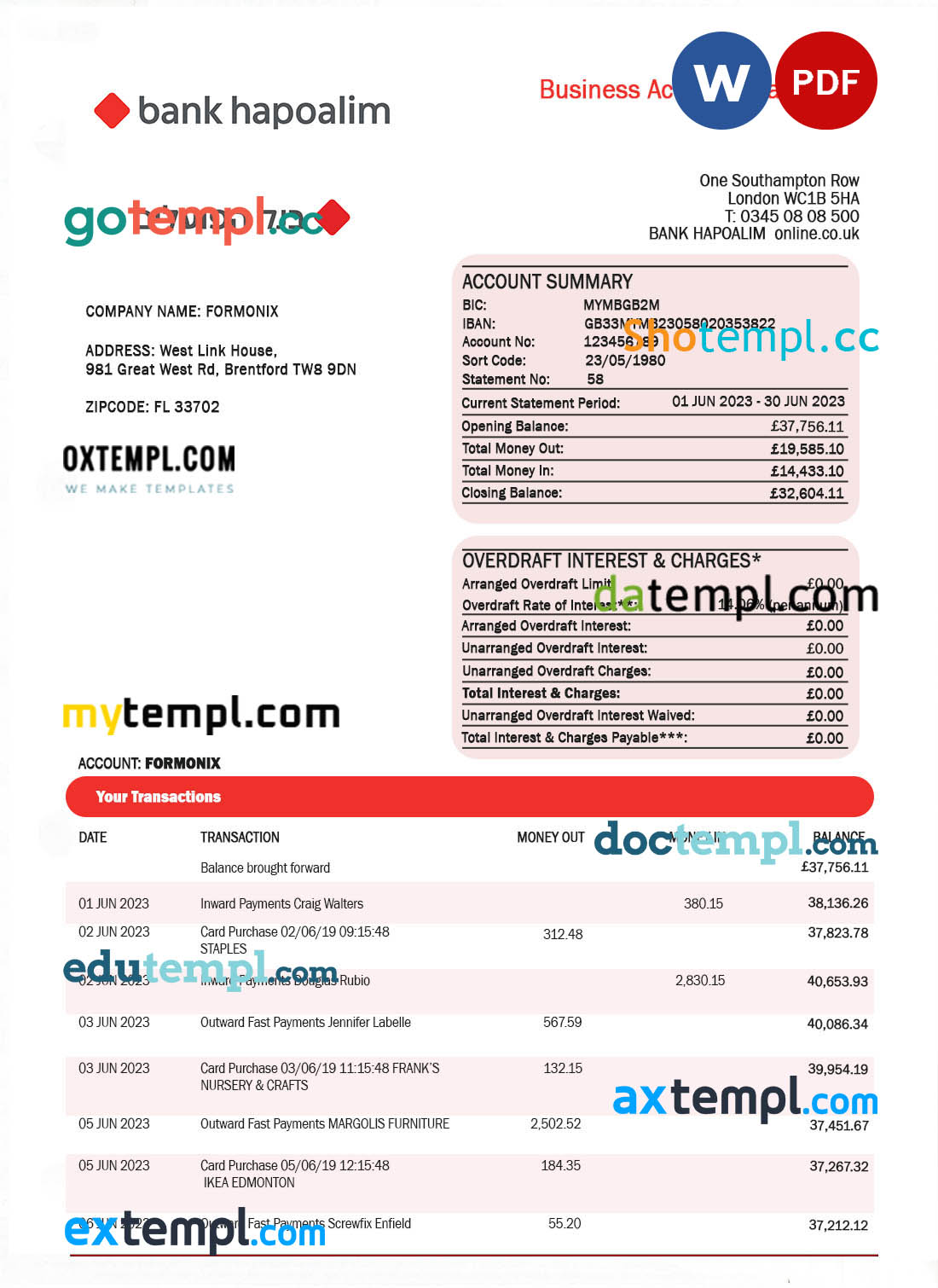 editable template, BANK Hapoalim firm account statement Word and PDF template