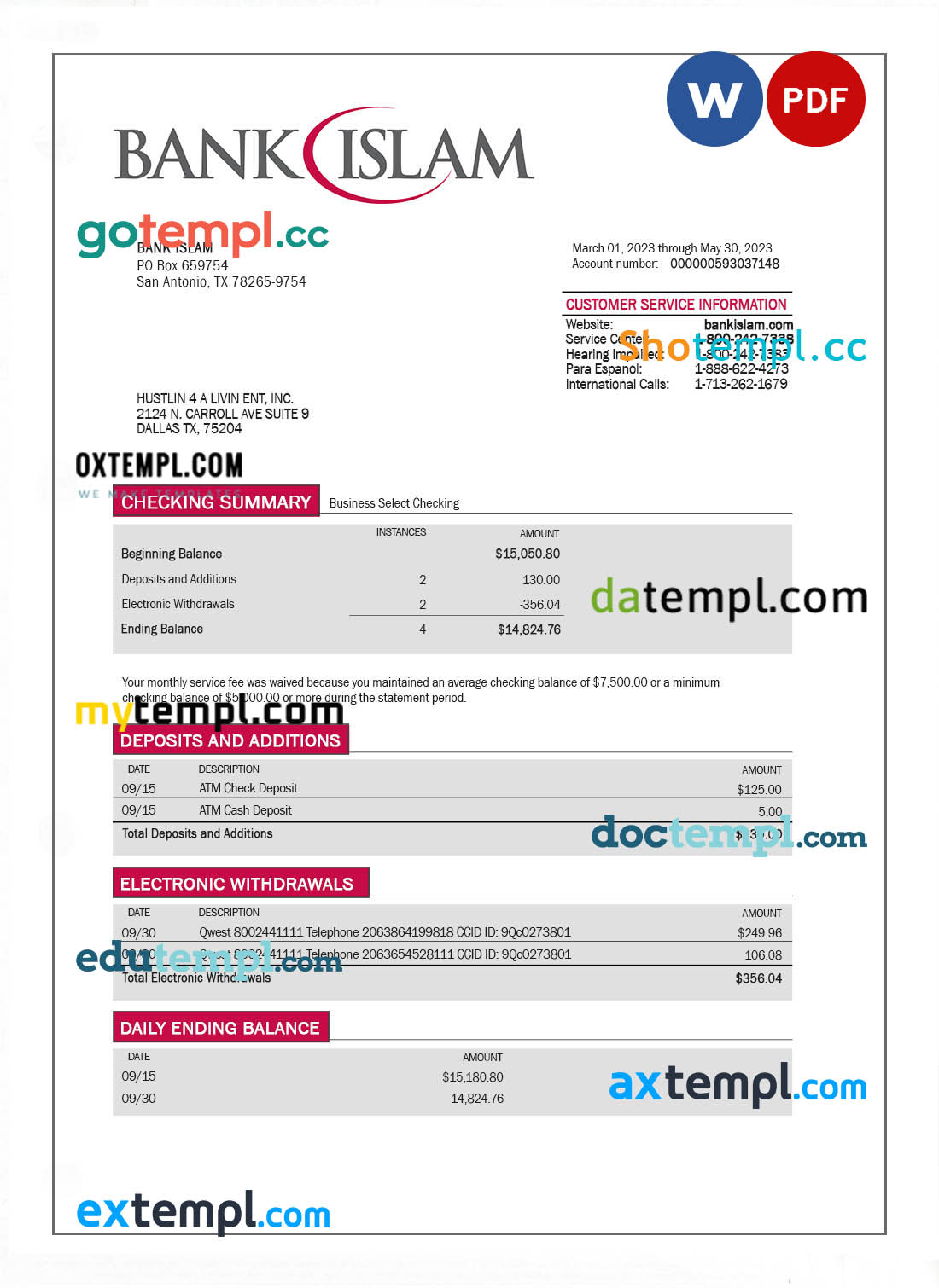 editable template, Bank Islam company account statement Word and PDF template