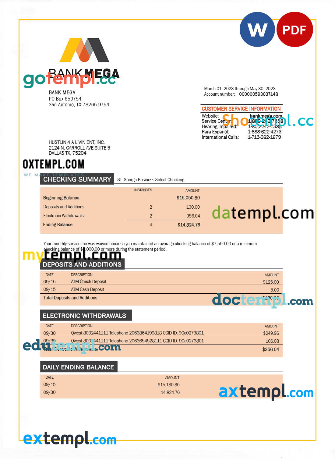editable template, BANK Mega corporate checking account statement Word and PDF template