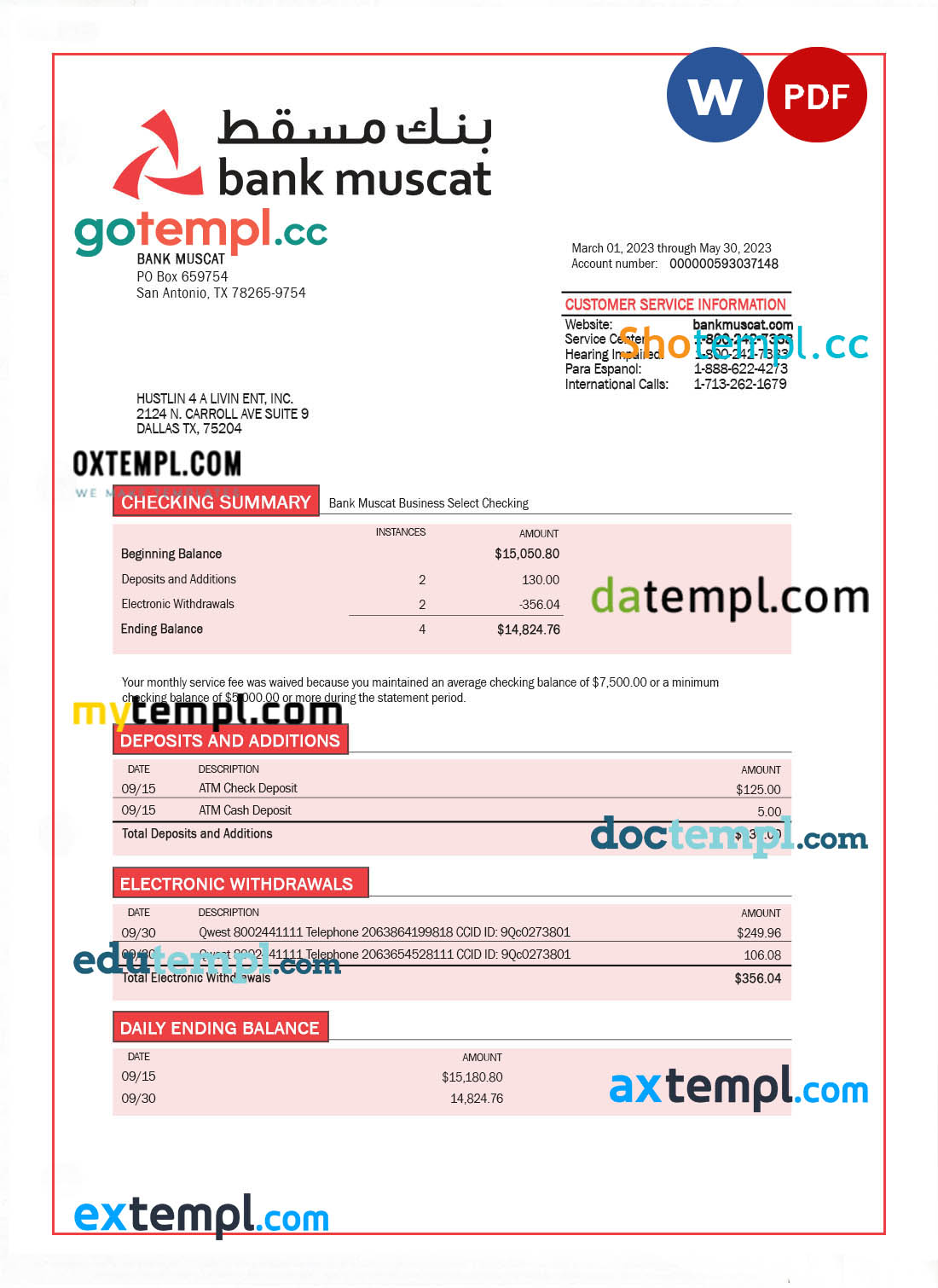 editable template, Bank Muscat enterprise account statement Word and PDF template
