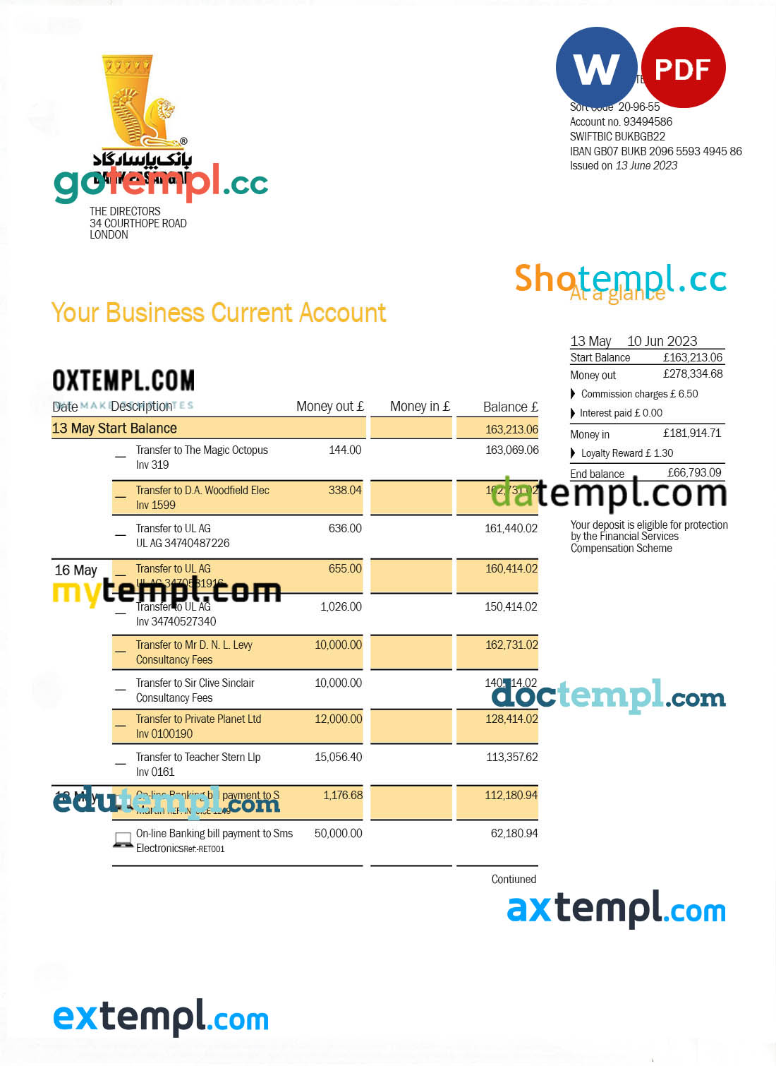 editable template, BANK Pasargad business statement Word and PDF template