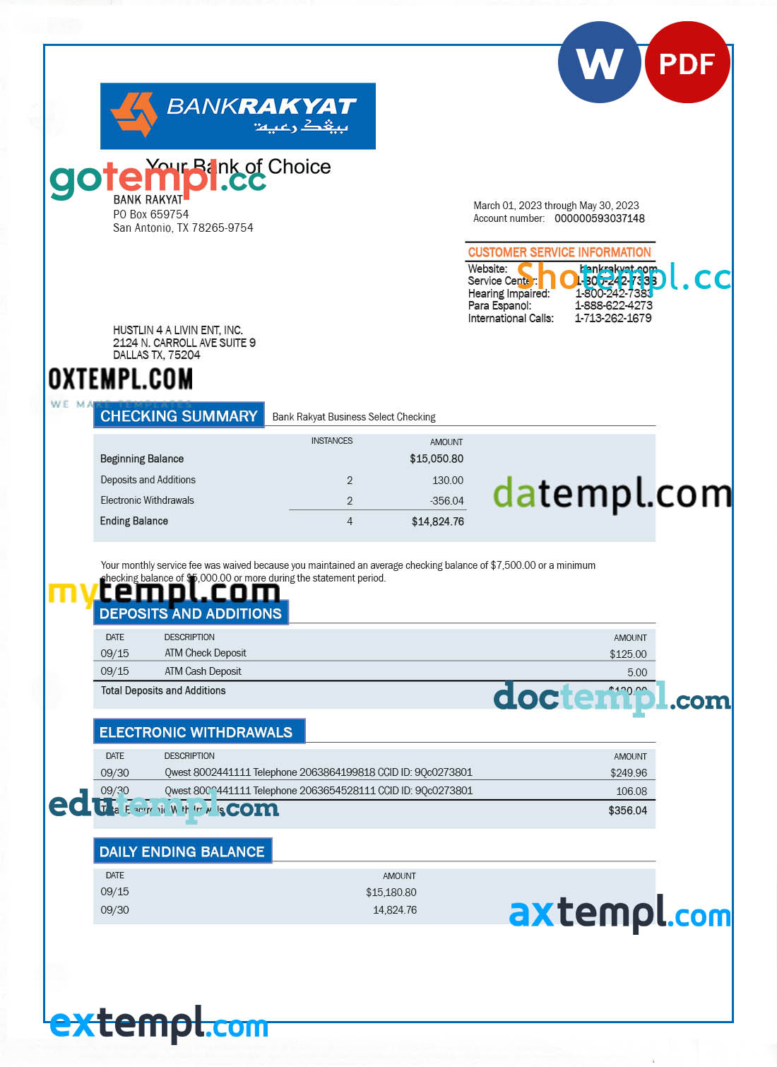 editable template, Bank Rakyat enterprise account statement Word and PDF template