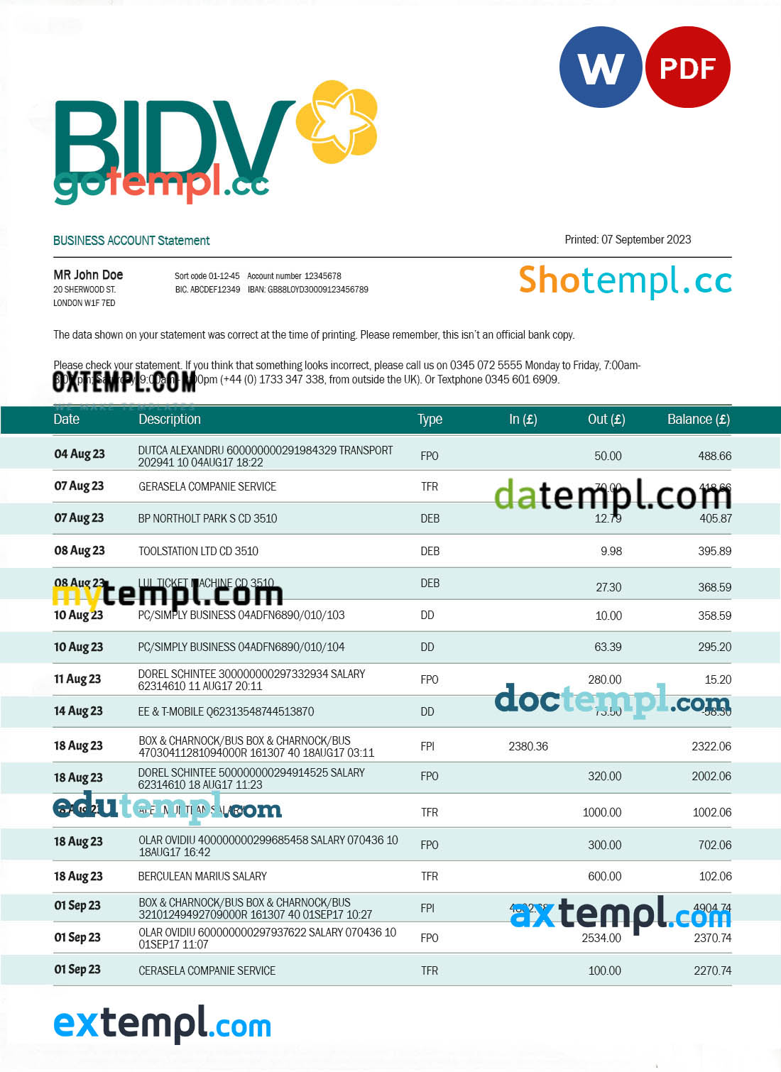 editable template, Bank for Investment and Development of Vietnam (BIDV) business statement Word and PDF template
