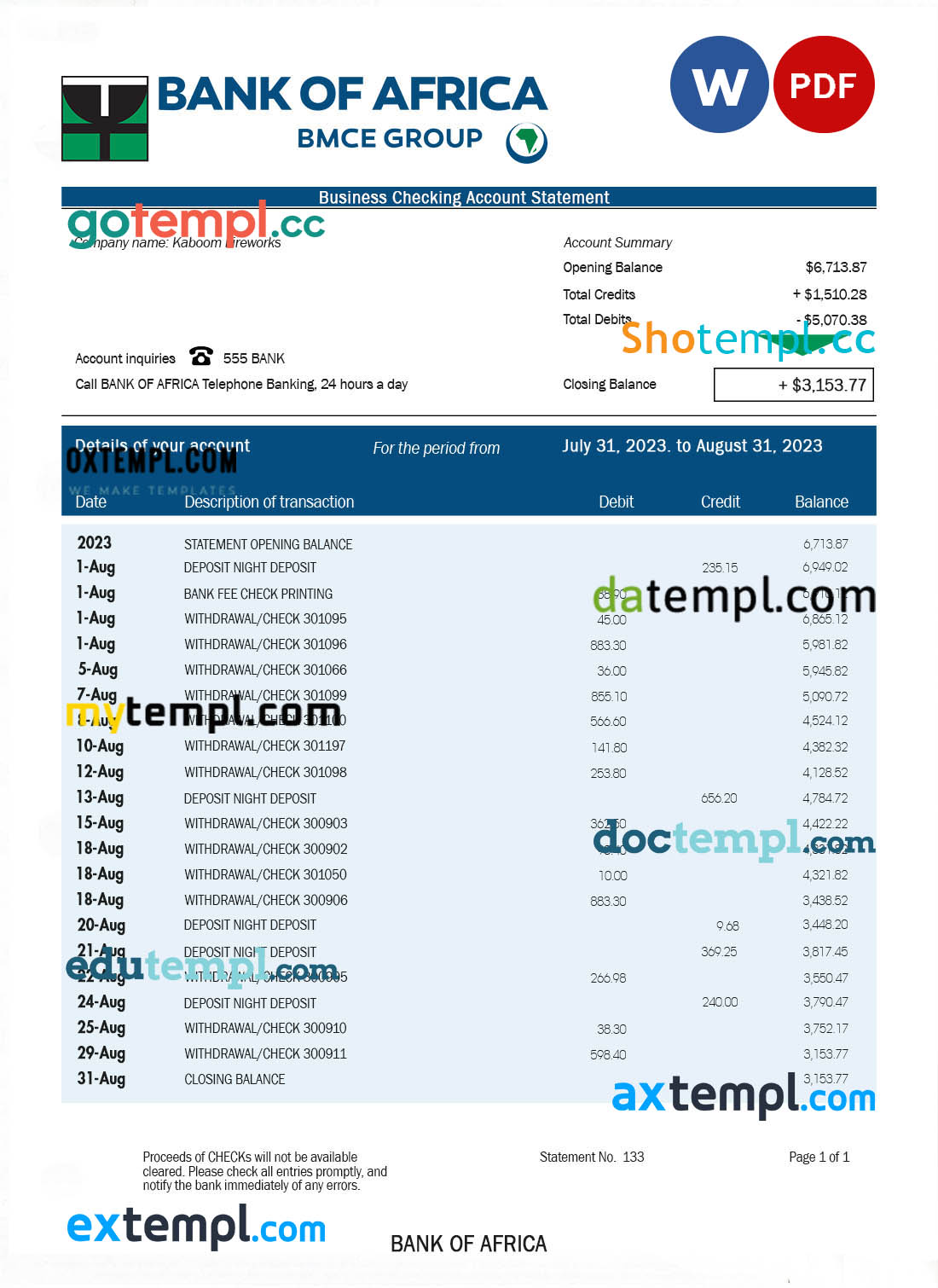 editable template, Bank of Africa enterprise account statement Word and PDF template