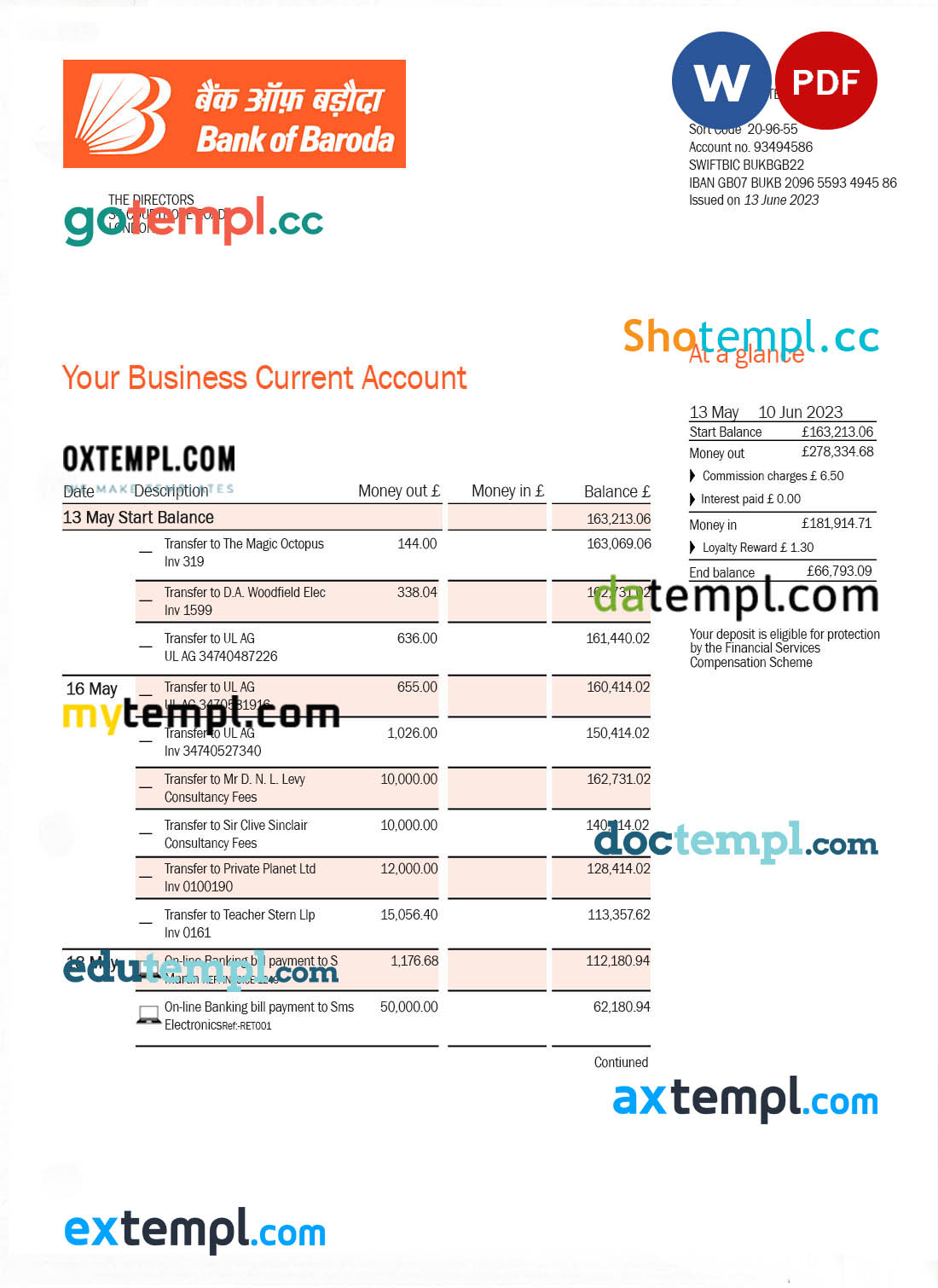 editable template, BANK of Baroda company checking account statement Word and PDF template