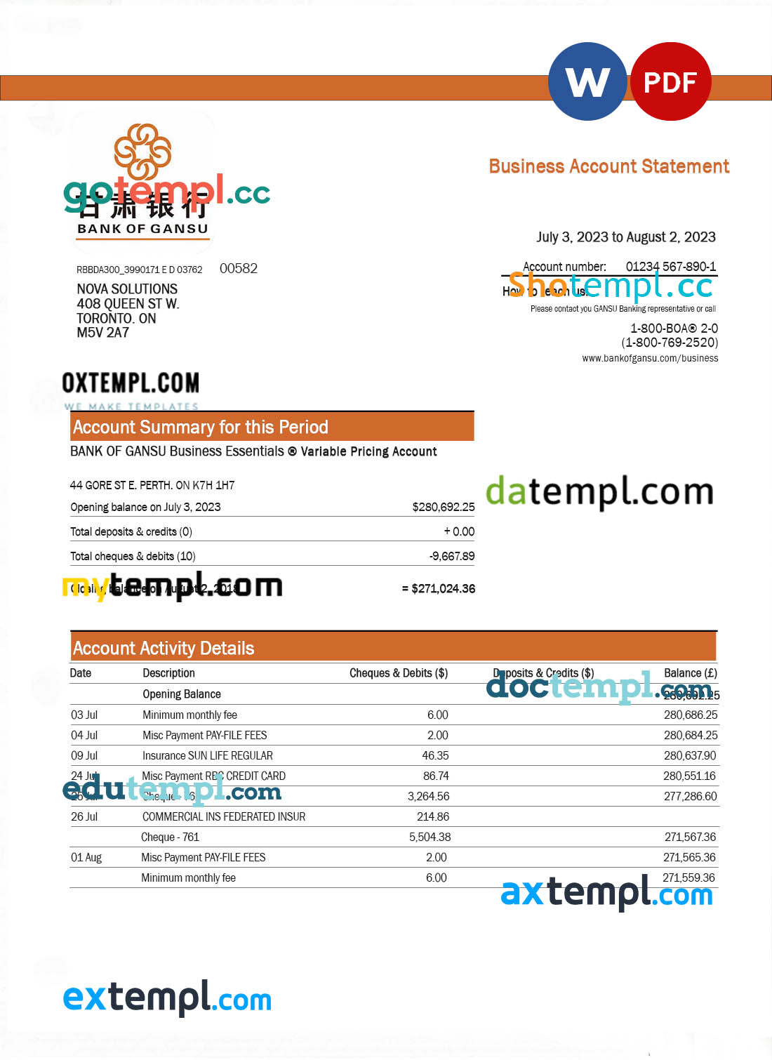 editable template, Bank of Gansu business checking account statement Word and PDF template