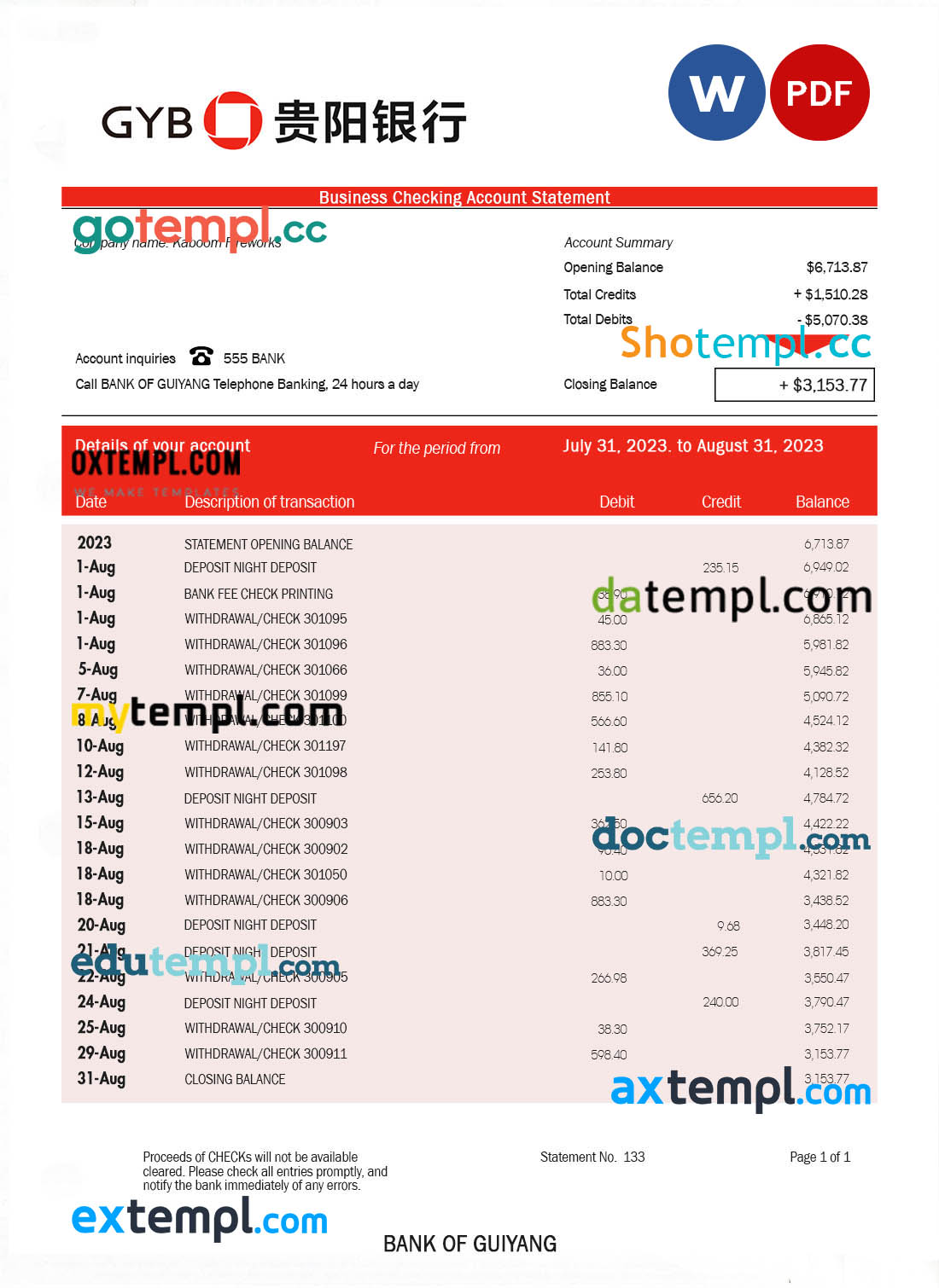 editable template, Bank of Guiyang firm account statement Word and PDF template