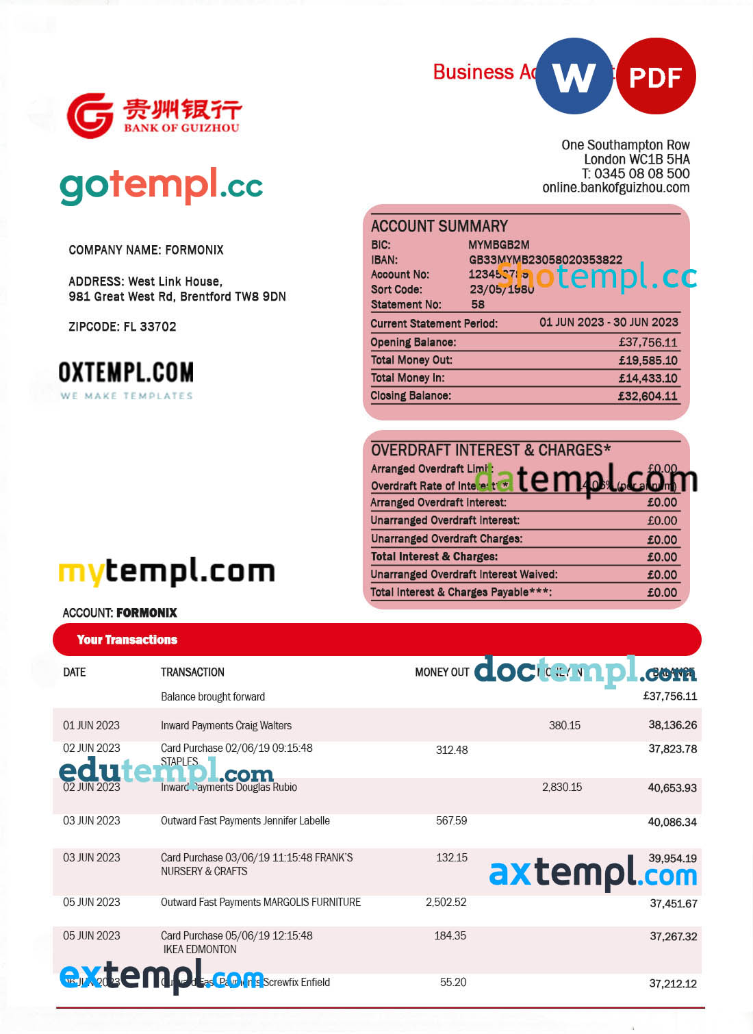 editable template, Bank of Guizhou business checking account statement Word and PDF template