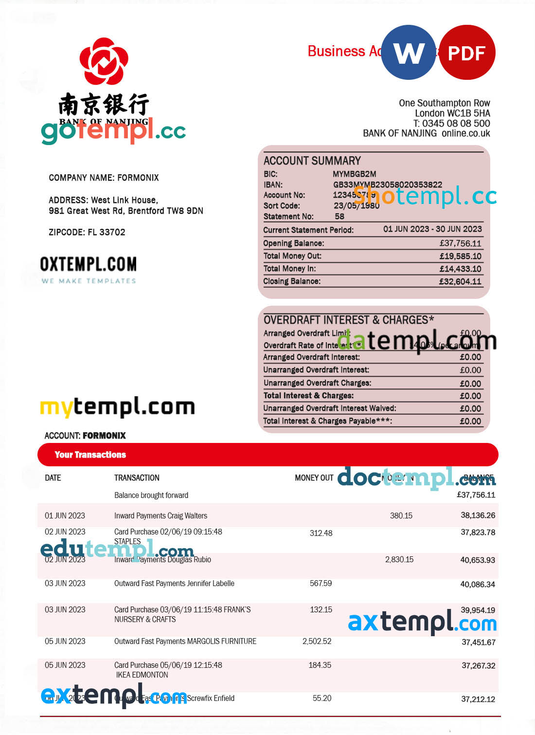 editable template, BANK of Nanjing corporate checking account statement Word and PDF template
