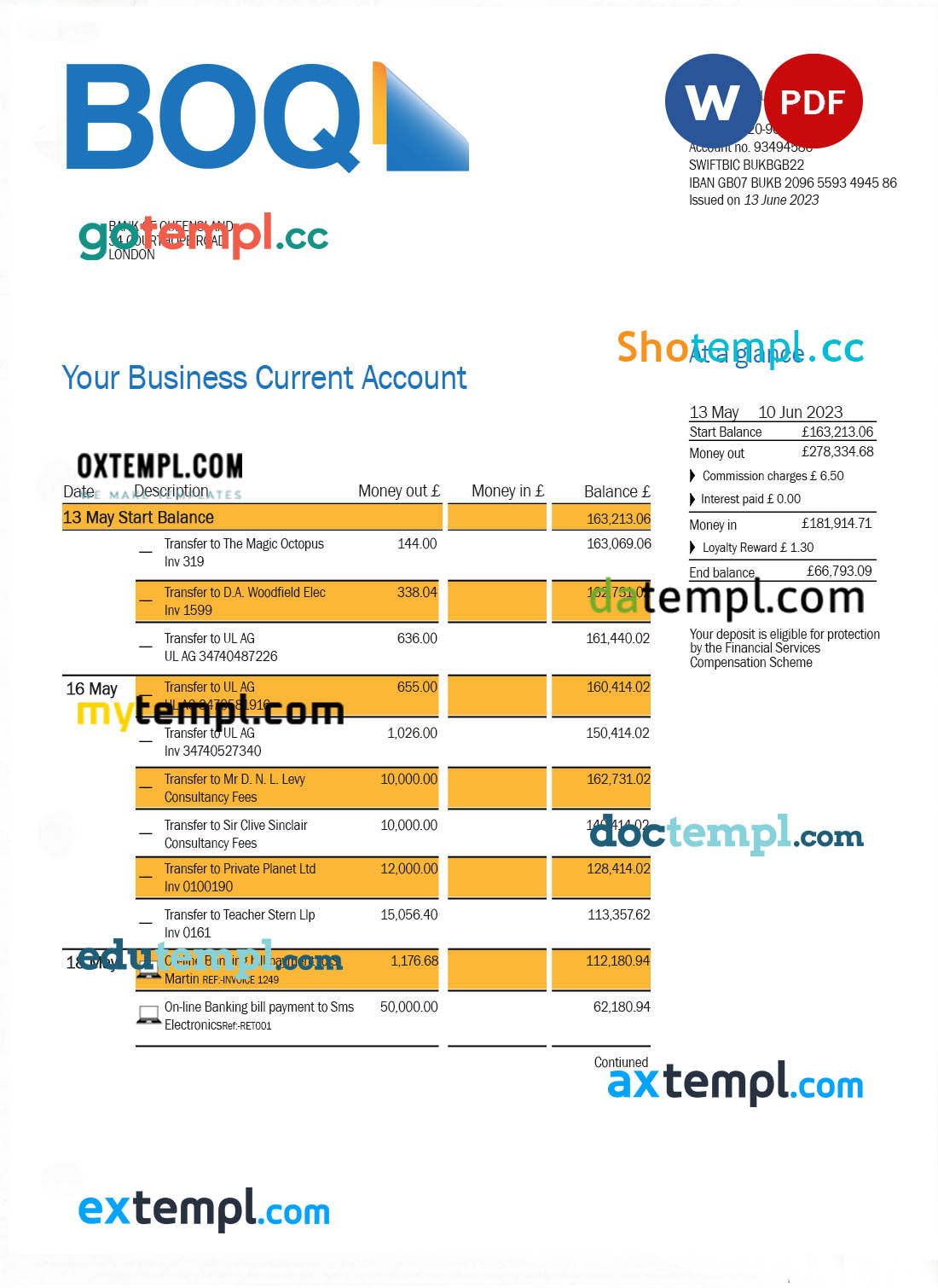 editable template, Bank of Queensland business checking account statement Word and PDF template