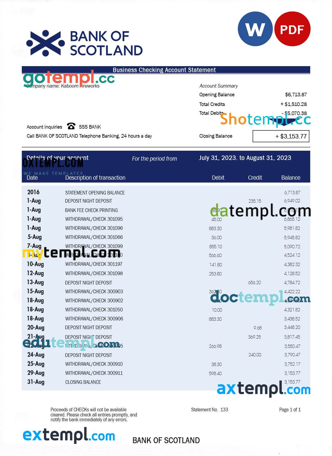 editable template, BANK of Scotland corporate checking account statement Word and PDF template