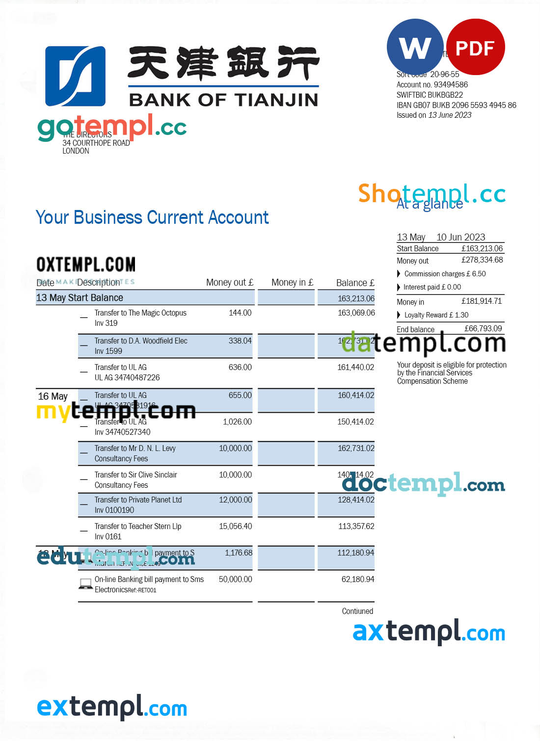 editable template, BANK of Tianjin business statement Word and PDF template