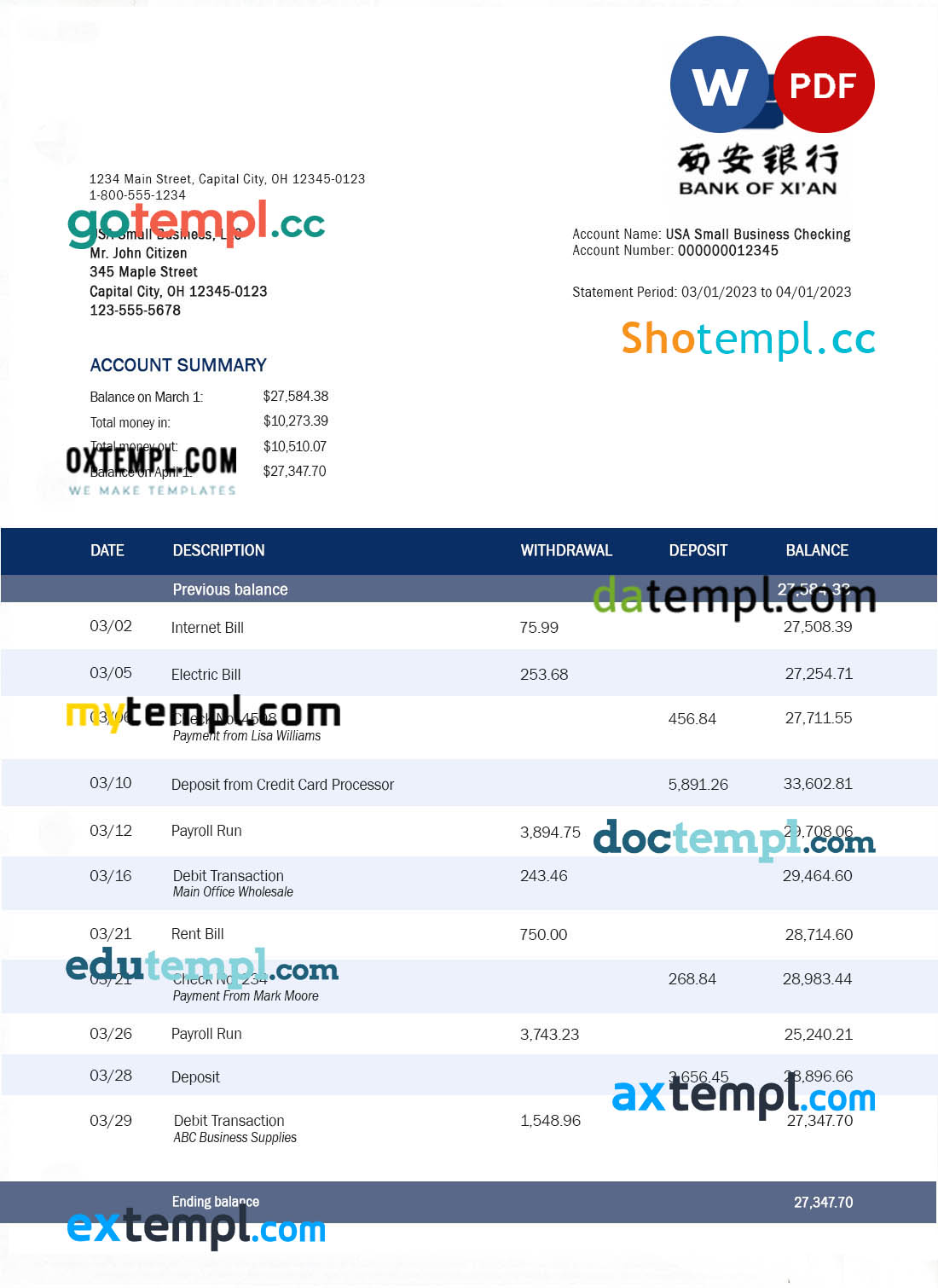 editable template, Bank of Xi'An enterprise account statement Word and PDF template