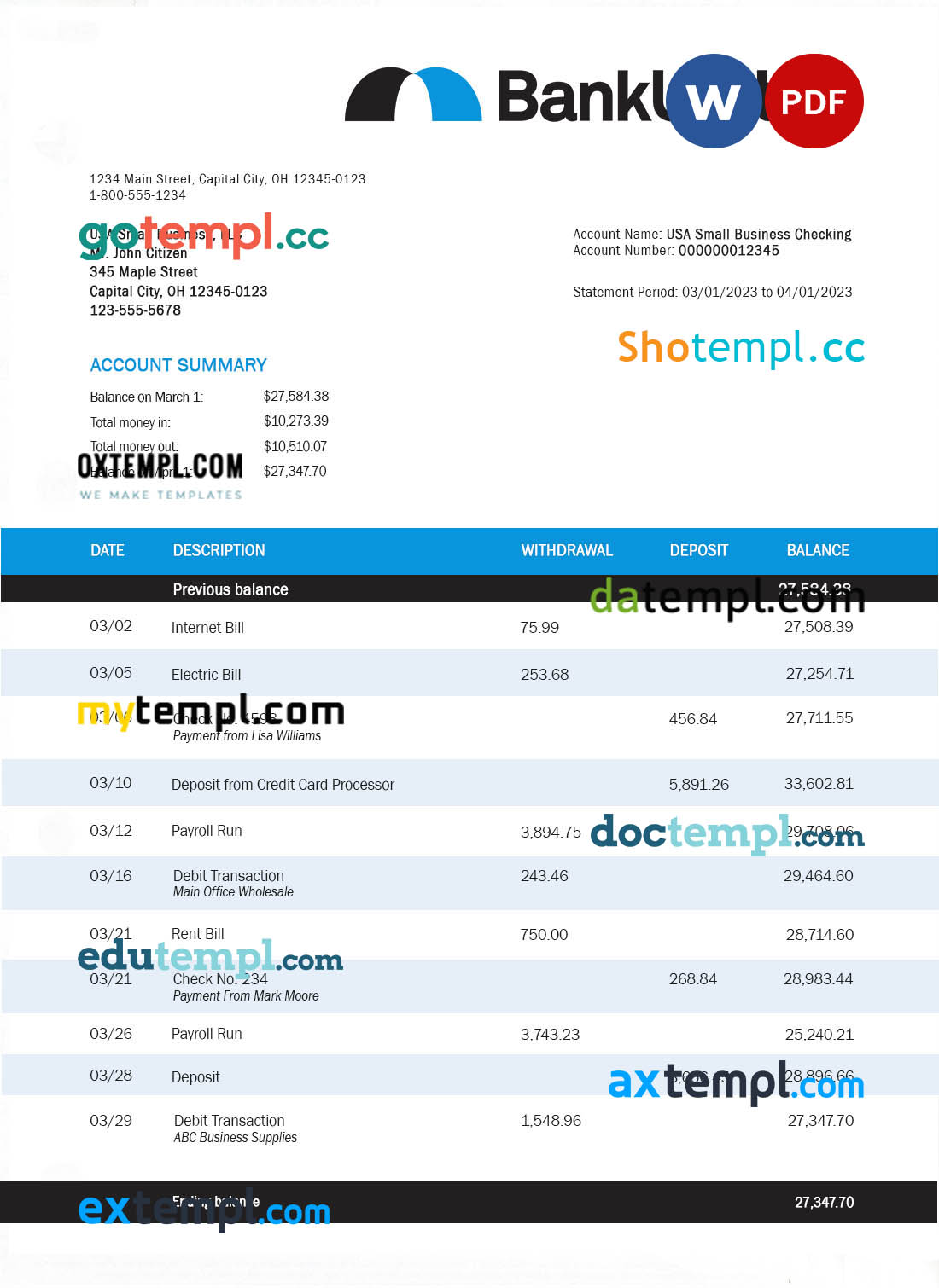 editable template, Bankunited enterprise account statement Word and PDF template