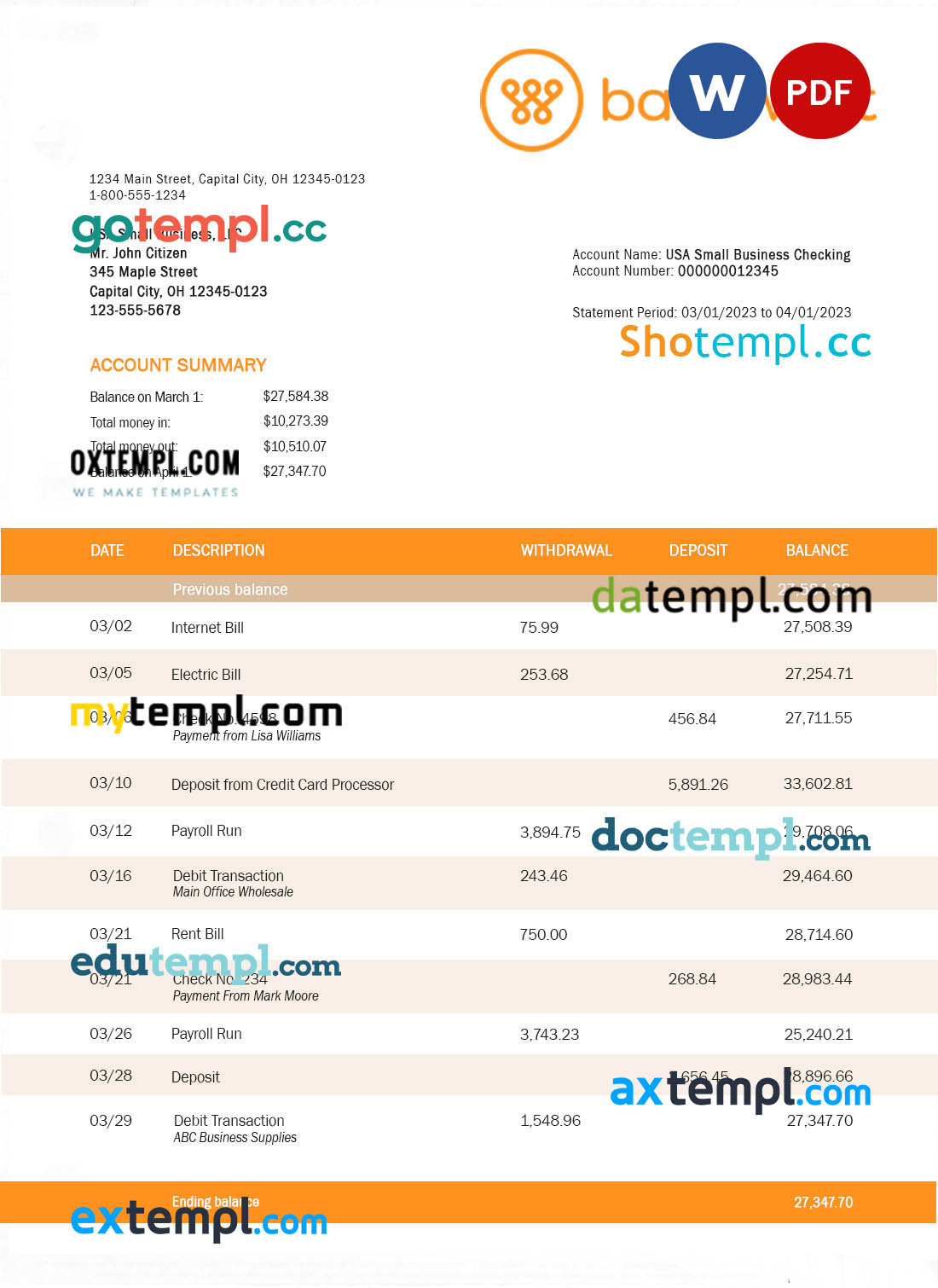 editable template, Bankwest business bank statement Word and PDF template