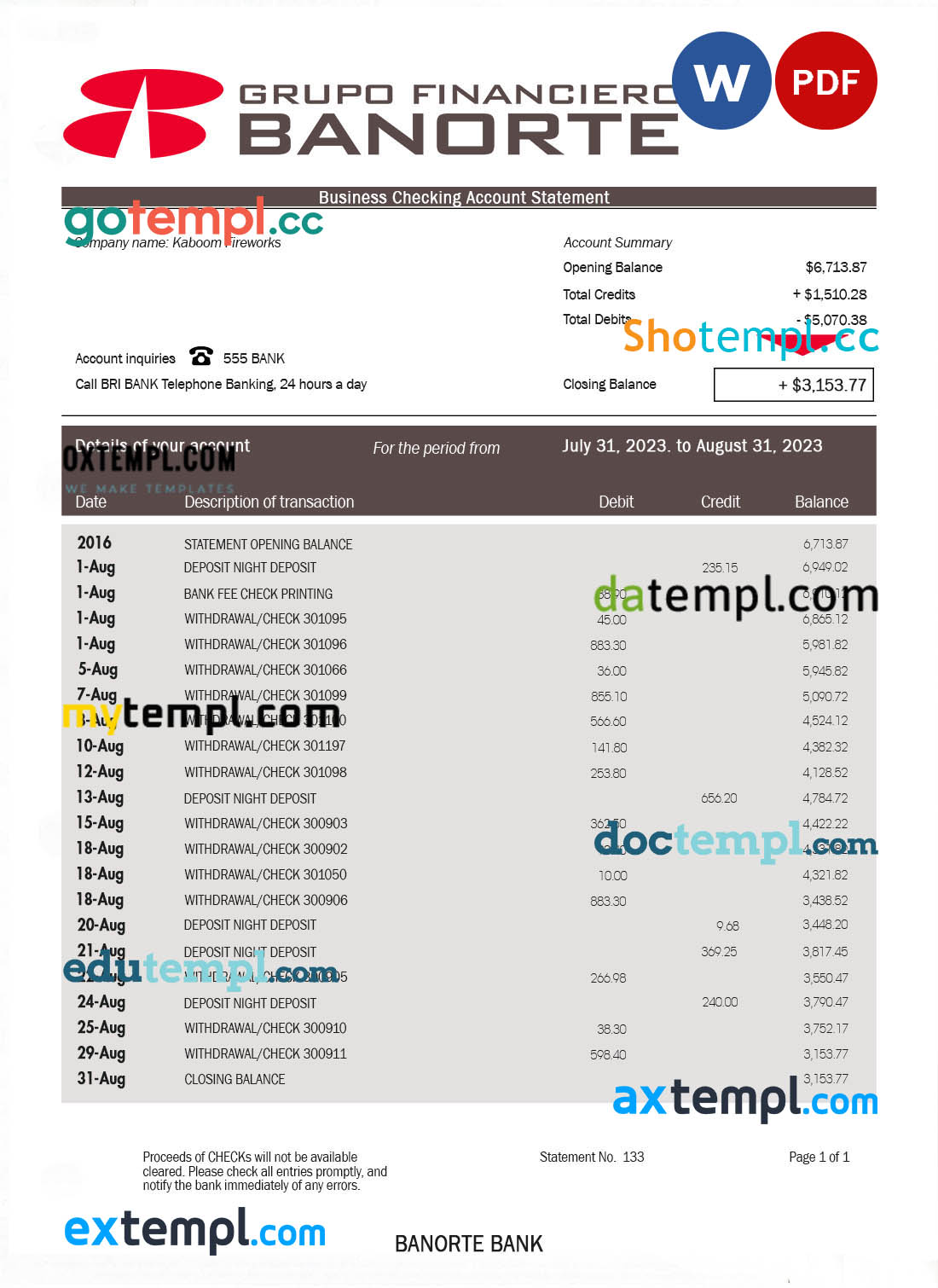 editable template, BANORTE Bank enterprise statement Word and PDF template