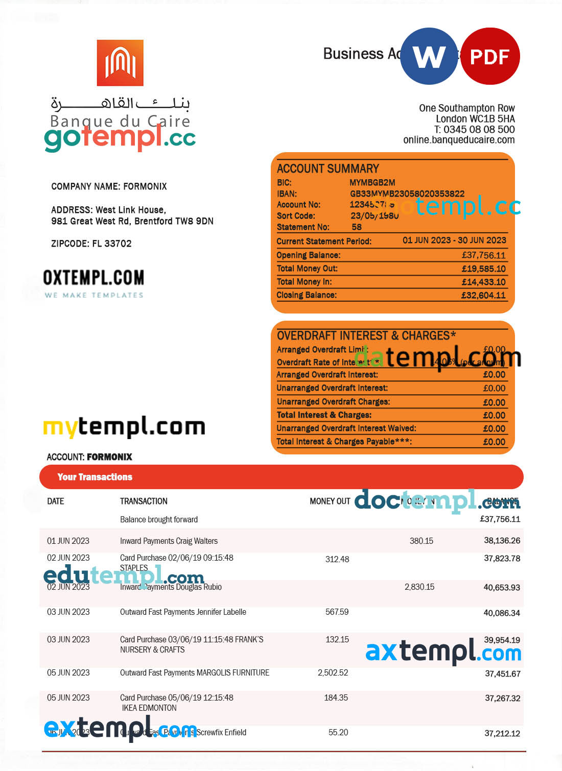 editable template, Banque du Caire company account statement Word and PDF template