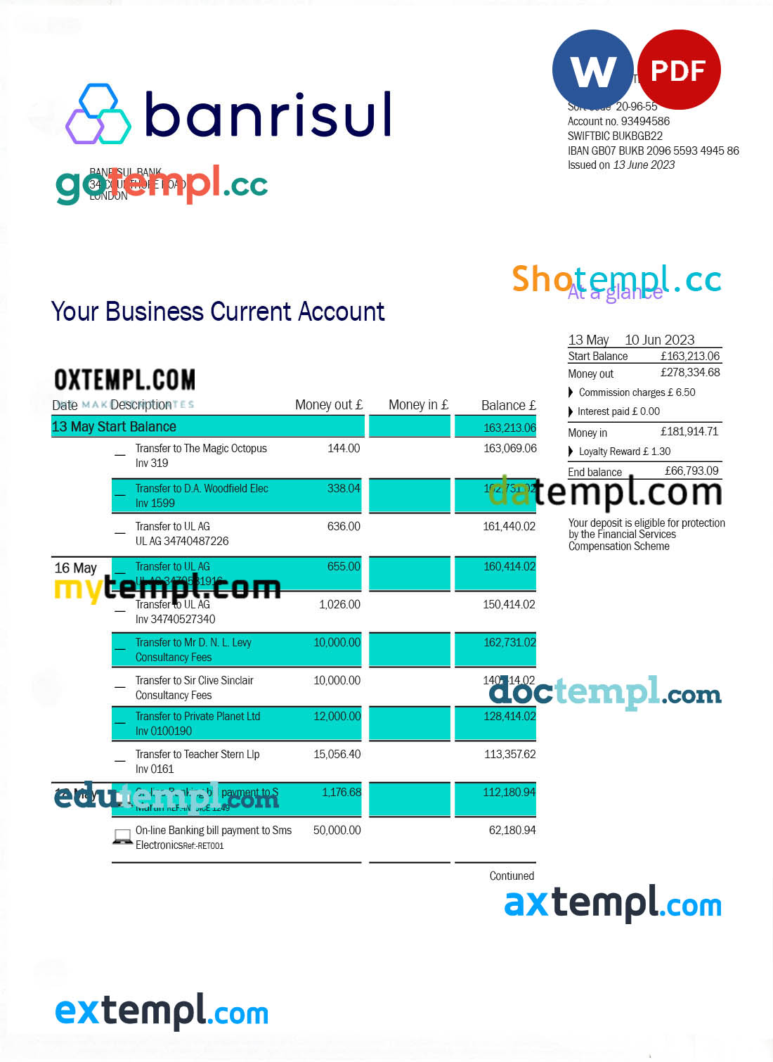 editable template, Banrisul Bank Business statement Word and PDF template