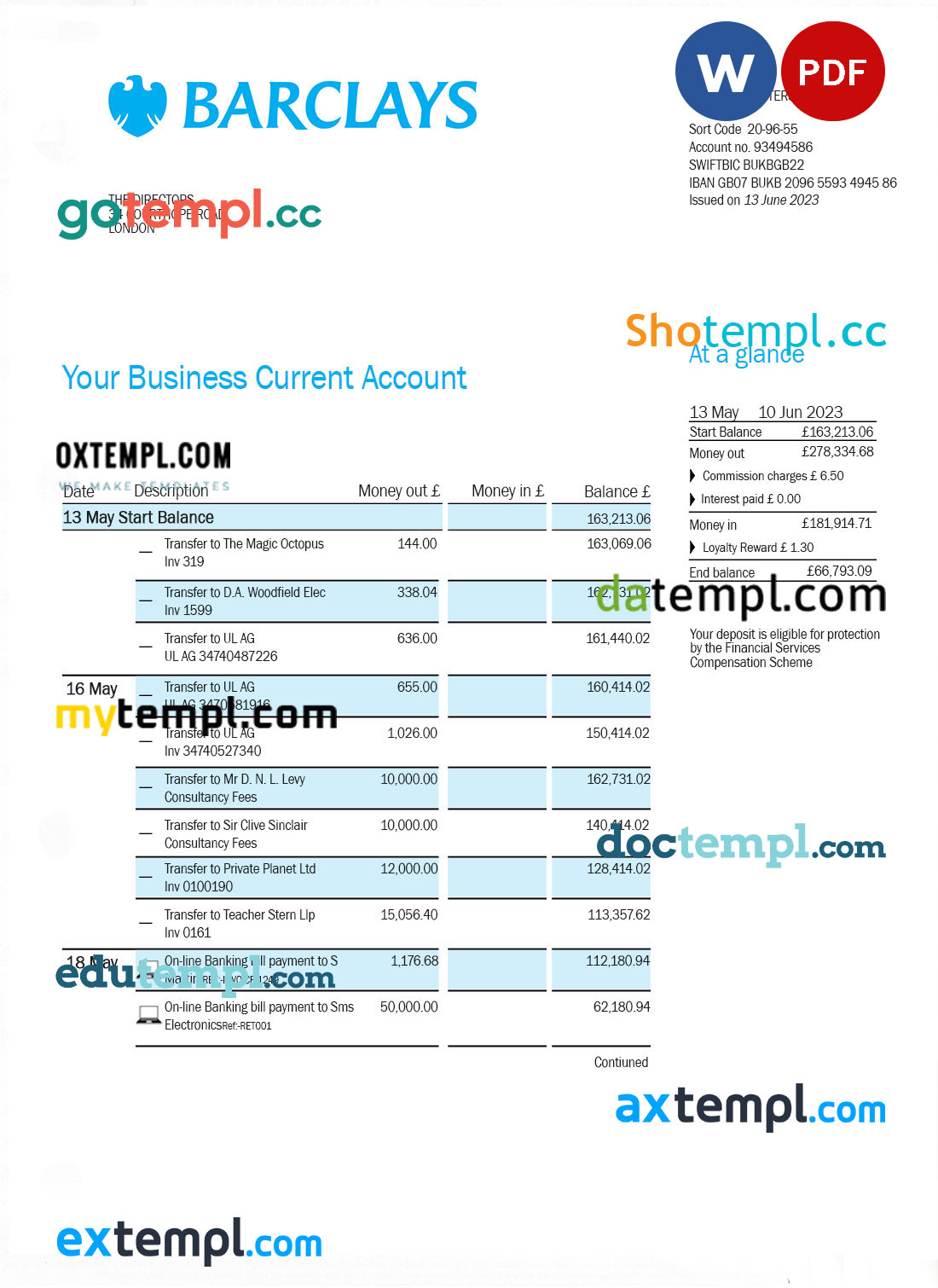 editable template, BARCLAYS bank business account statement Word and PDF template