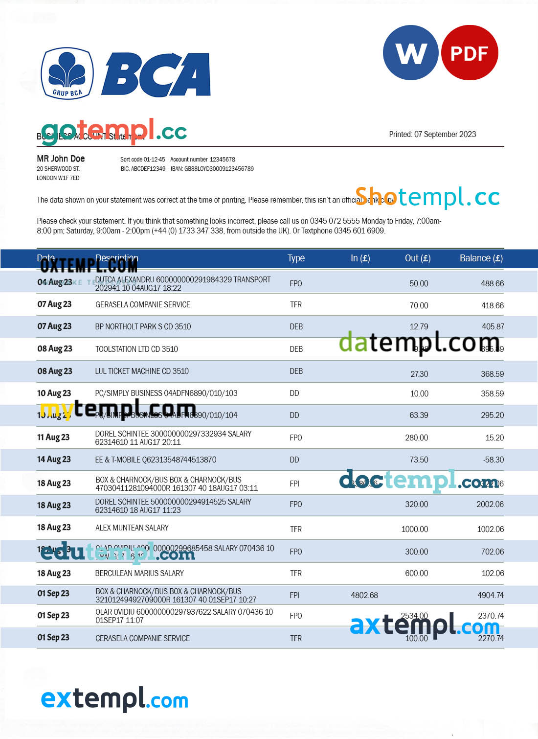 editable template, BCA Bank organization statement Word and PDF template